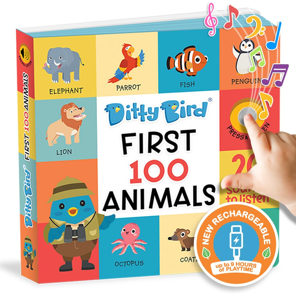 Ditty Bird | Talking Books 100 Animals | USB-C Rechargeable 100 Words for Vocabulary & Speech Learning | Sound Book for Toddlers 1-3 | Children'S Interactive Learning Toy with Great Pictures