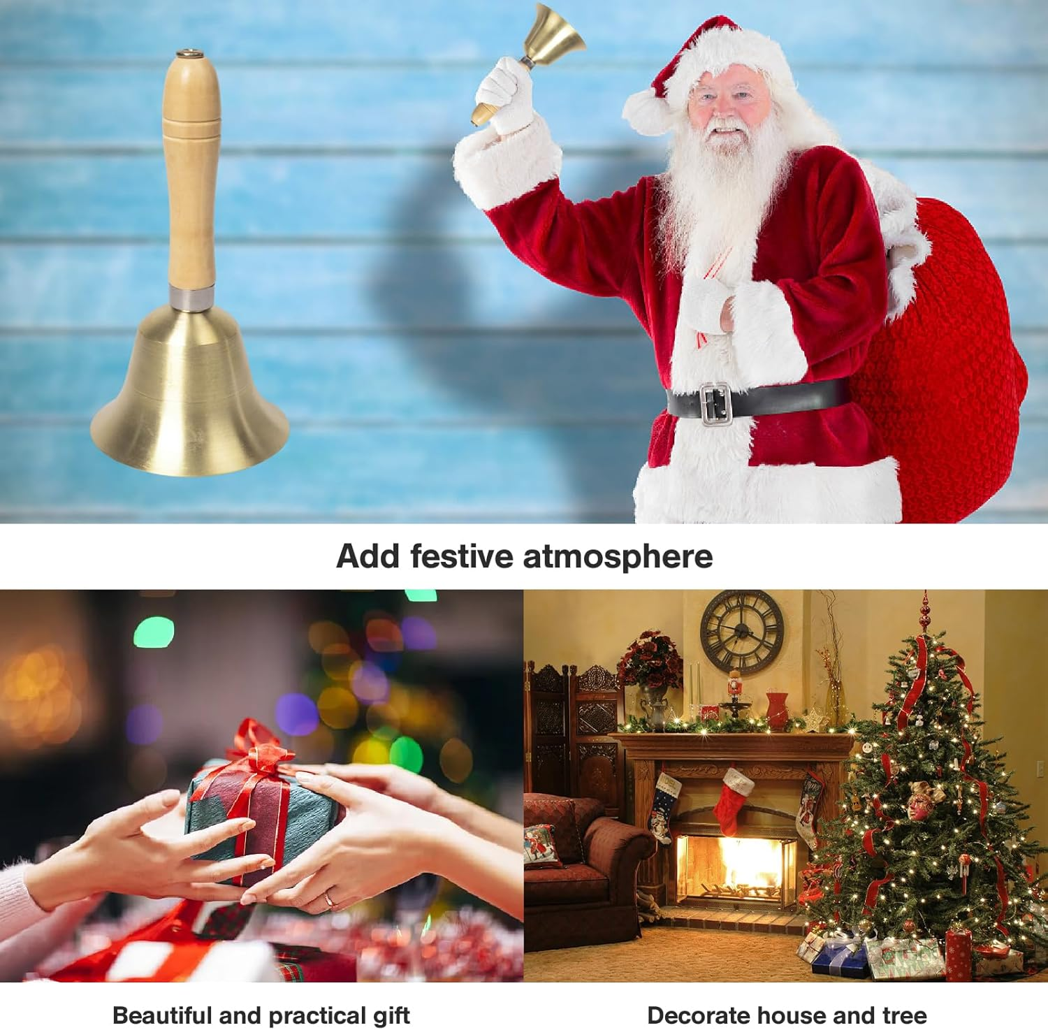 Hand Bell,5.9 Inch Hand Call Bell with Solid Brass Bell Wooden Handle Extra Loud Handbell Dinner Bell for Multi-Purpose for Weddings, Christmas, School, Service, Game, Animal image number 5