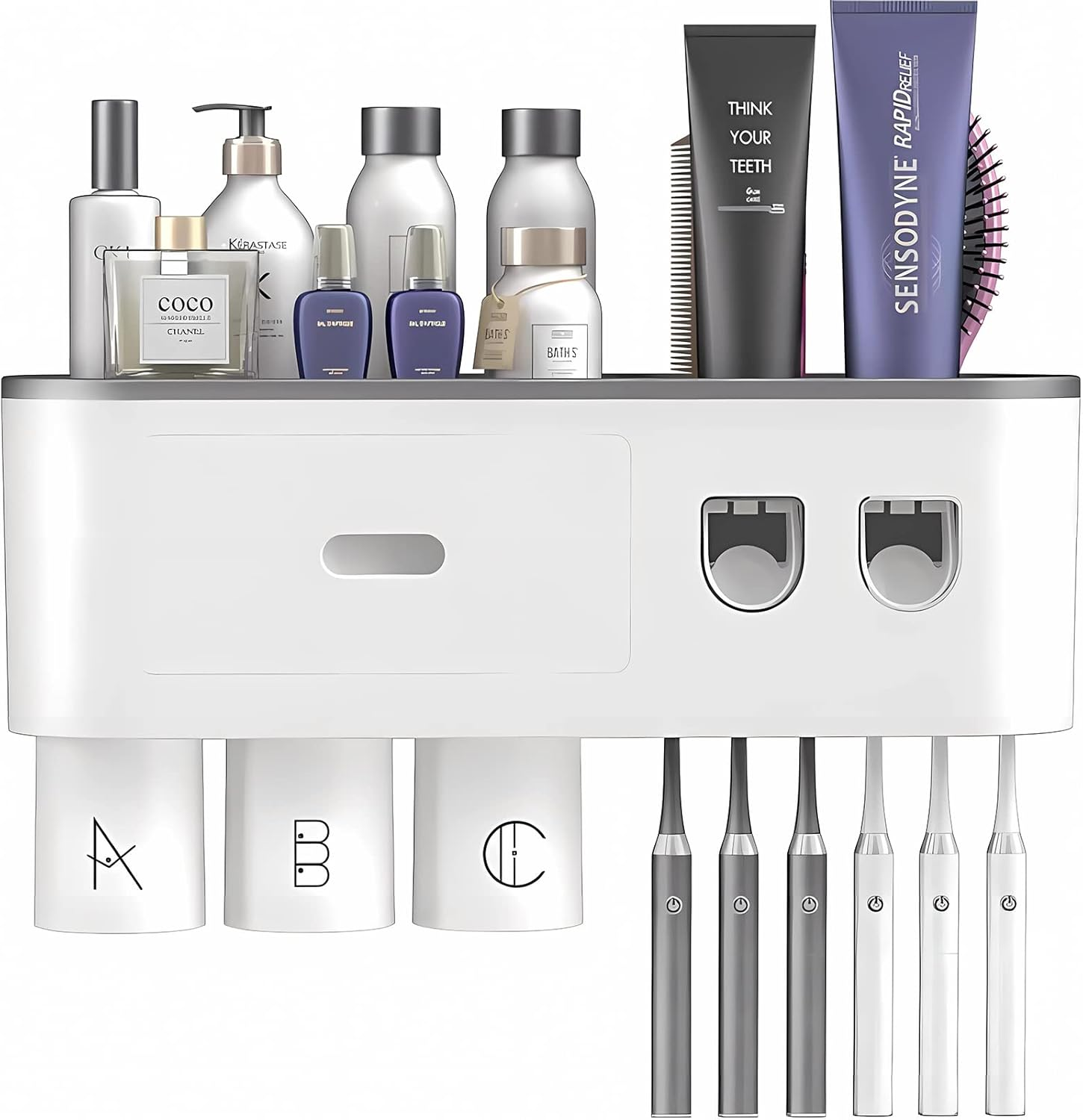 Hushnow Toothbrush Holder Wall Mounted,Double Automatic Toothpaste Dispensers with 6 Brush Slots 3 Magnetic Cups 1 Cosmetic Drawer Organizer 1 Large Storage Tray,Grey Toothbrush Holder Set