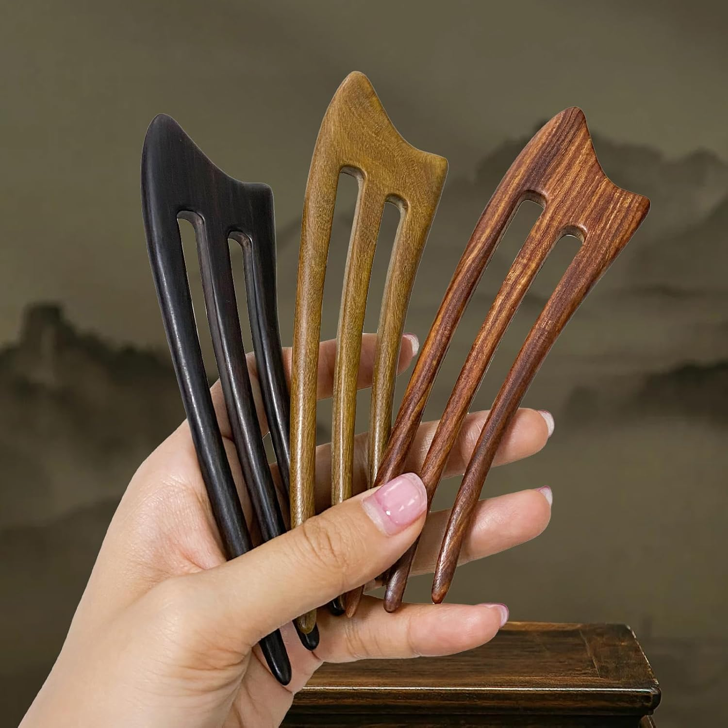 CHOISBEING Wooden French Hair Fork Handmade 3-Prong Hair Stick for Women Ebony Hair Chopsticks for Buns Chignon Hair Pins Accessory (1-Ebony) - 1-Ebony image number 5