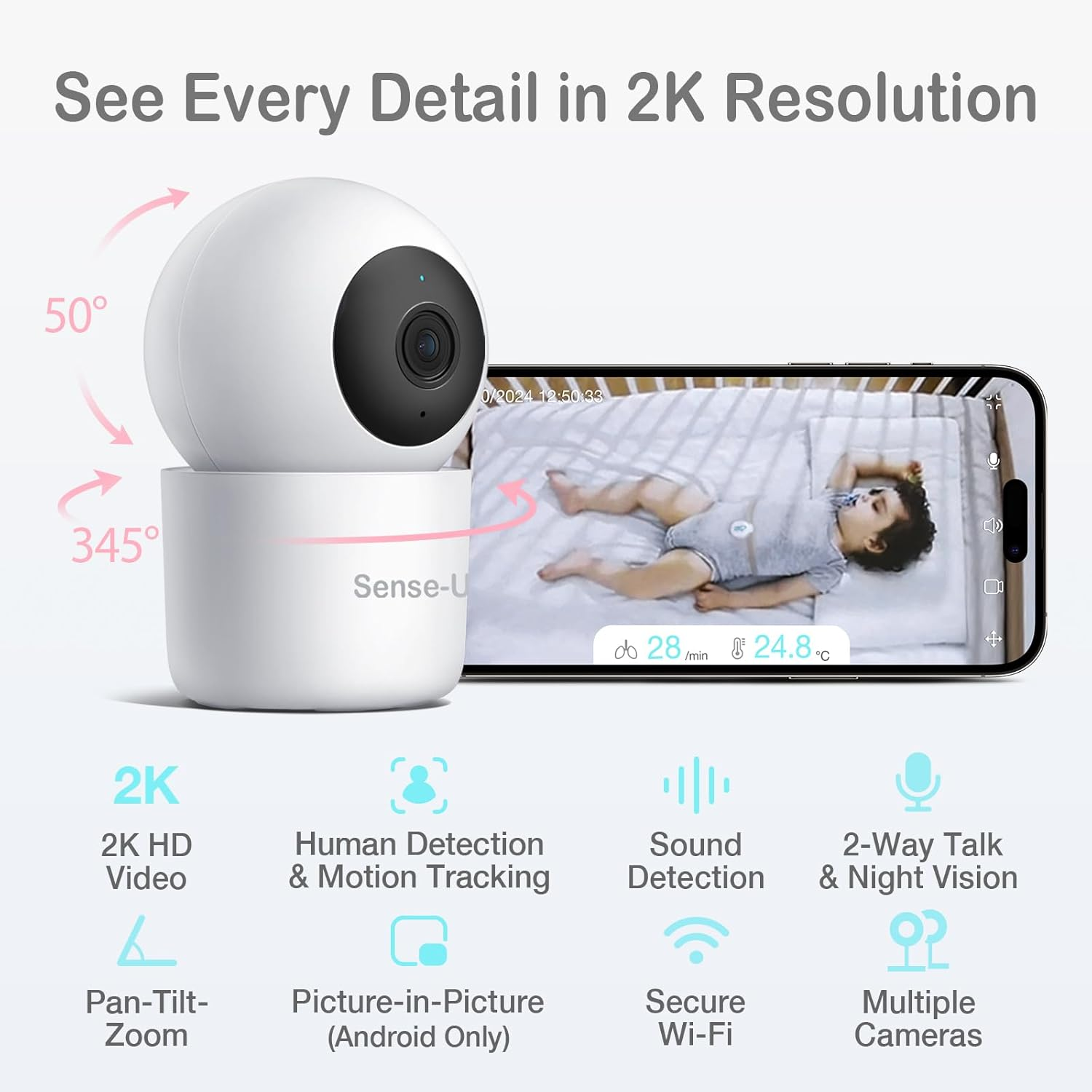 Sense-U Video Baby Monitor with 1080P HD Wifi Camera and Background Audio, Night Vision, 2-Way Talk, Motion Detection & No Monthly Fee (Compatible Smart Baby Monitor) image number 4