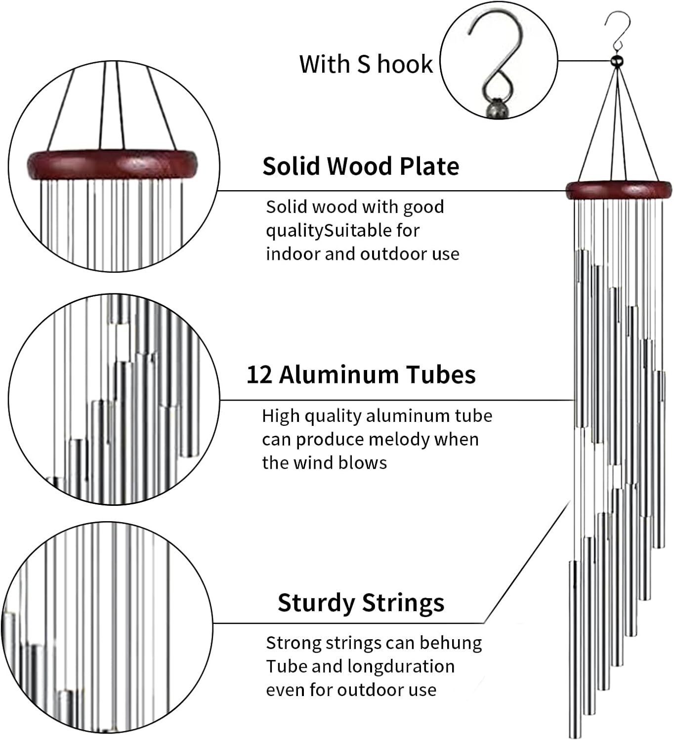 Garden Ornaments Wind Chimes, Colorful Aluminum Tubes Wind Chimes with 12 Aluminum Tubes, Hanging Wind Chimes for Home, Yard, Garden, Indoor Outdoor Hanging Decor (A) (Silver) - Colorfulb image number 5