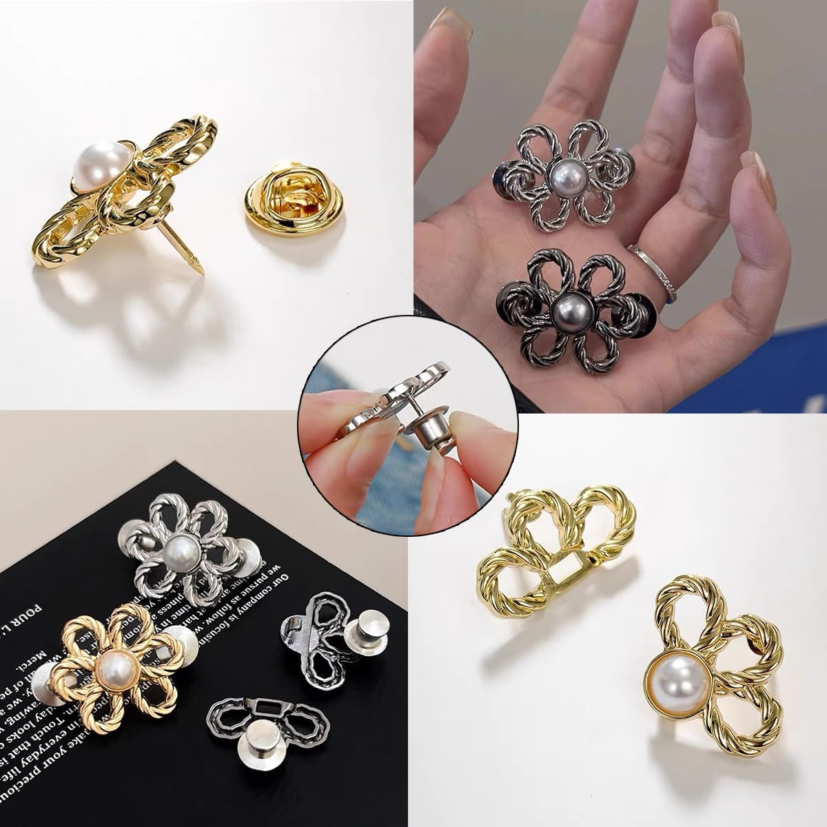 8 Sets Flower Jeans Button Pant Waist Tightener, Adjustable Waist Buckle Sets No Sew and No Tools Detachable Decorative Buckles, Jean Buttons Pins for Loose, Pants, Skirts, Sleeves image number 2