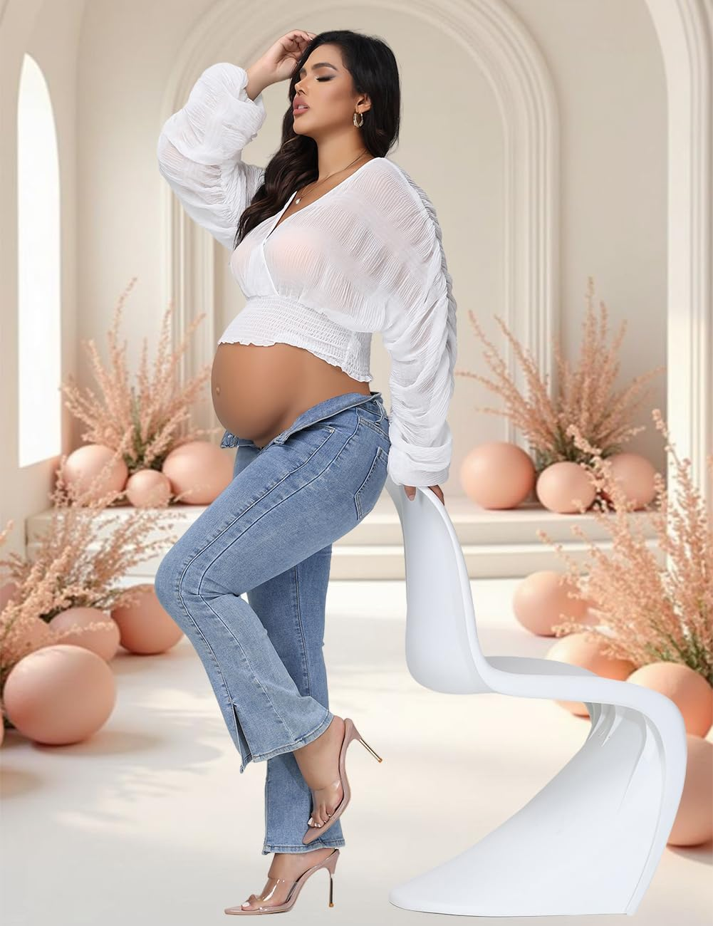 Justvh Women'S Maternity V Neck Chiffon Tunic Top Shirts for Photoshoot Puff Sleeves See-Through Casual Pregnancy Blouse image number 4