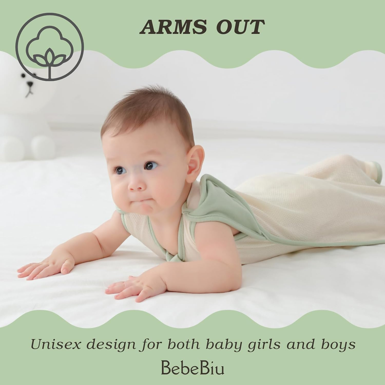 Bebebiu Baby Swaddle Sleeping Bag, 0.5 TOG, 2-Way Zipper, Breathable Mesh, Arms In/Out Design, 2-Pack (Sage/Ether, 6-9 Months) image number 4