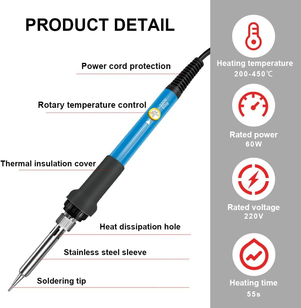 60W Soldering Iron Kit, 15 in 1 Soldering Kit, Adjustable Temperature Soldering Iron. Electric Welding Tool, with 5 Soldering Iron Tips, Mini Wire Stripper, Solder Tube, Soldering Iron Stand, Tweezers image number 6
