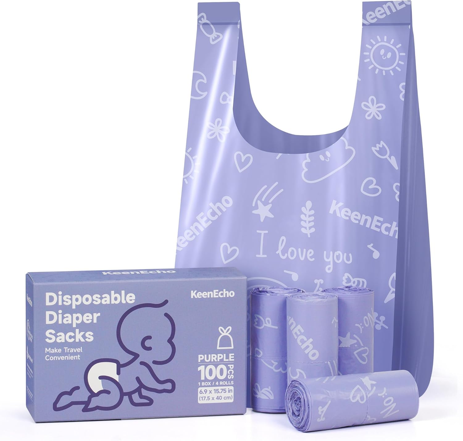 Disposable Nappy Bags with Handles 100 Count (4 Rolls), Leak-Proof Odor Lock Unscented Nappy Sacks on the Go, Ocean Recycled Plastic image number 2