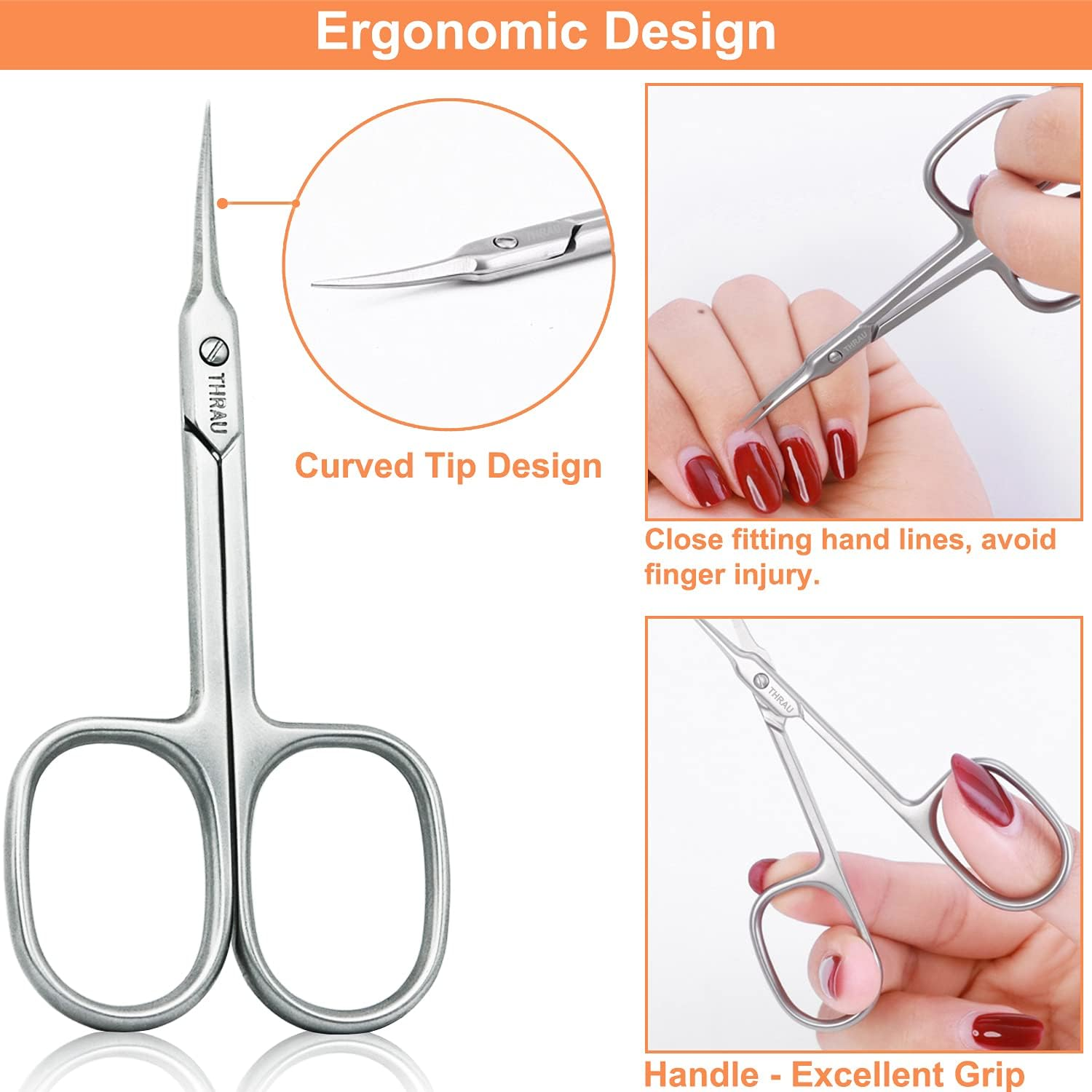 THRAU Cuticle Scissors Extra Fine for Women and Men, Curved Stainless Steel with Precise Pointed Tip Grooming Blades, Manicure, Pedicure, or Trim Nail, Eyebrow, Eyelash, and Dry Skin, 3.7&rdquo; - Silver image number 6