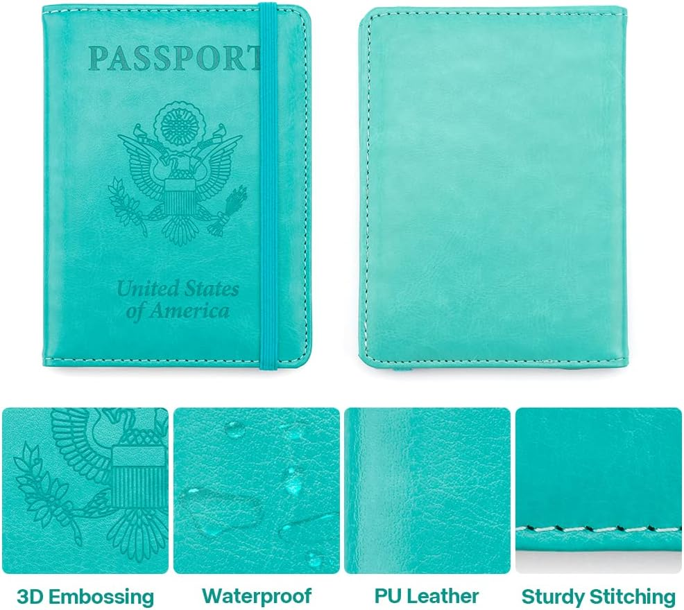 Passport Holder and Vaccine Card Holder, Passport Wallet Passport Cover with RFID Blocking, Lake Blue, Compact image number 2