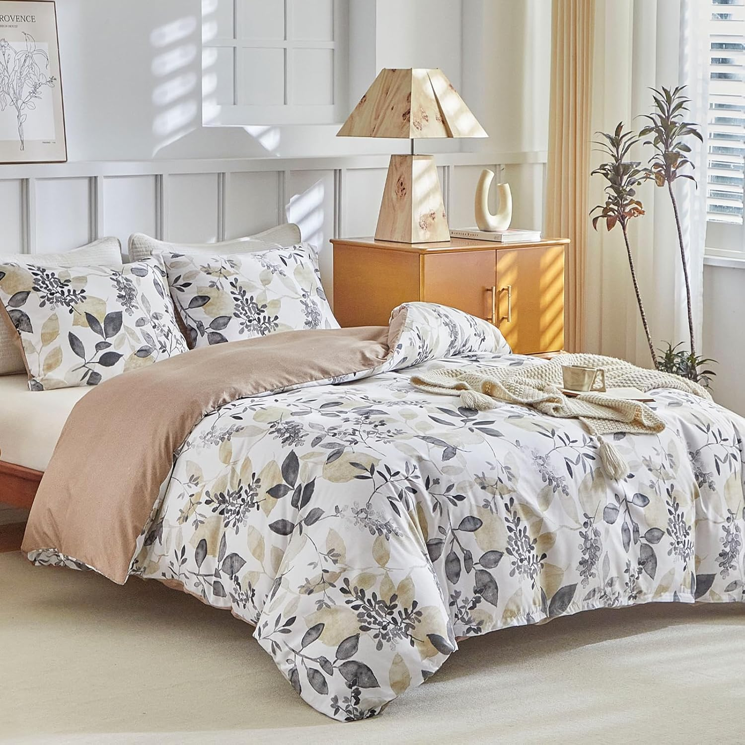 Duvet Cover for 135/150 Cm, Duvet Cover 230 X 220 Cm with Bohemian Pattern, Microfibre, 3 Pieces, Consisting of 1 Duvet Cover 230 X 220 Cm + 2 Pillowcases 50 X 75 Cm, Khaki Autumn Leaves image number 2