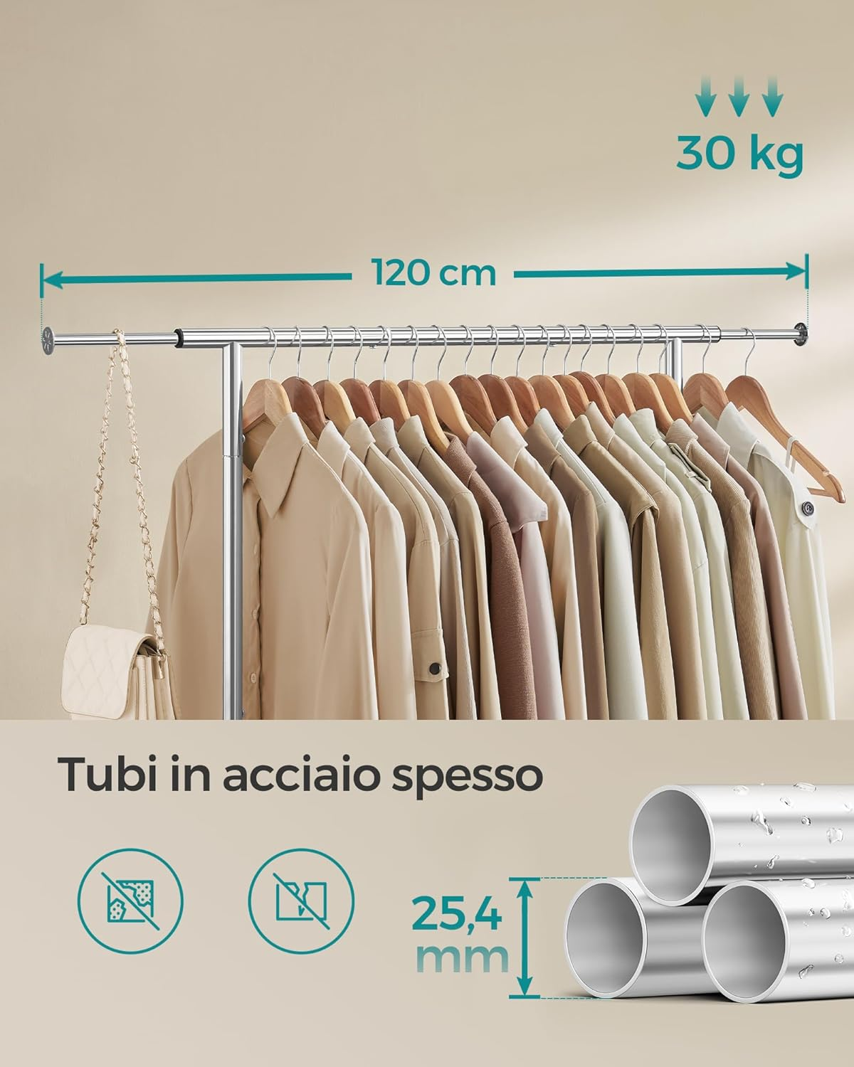 SONGMICS Stand Appendiabiti Con Ruote, Attaccapanni Estensibile in Metal, Con Ripiano Portaoggetti Rialzato, 40 X (83-120) X 156 Cm, Portata Total 45 Kg, Argento HSR134E01 - Cloudy White image number 6