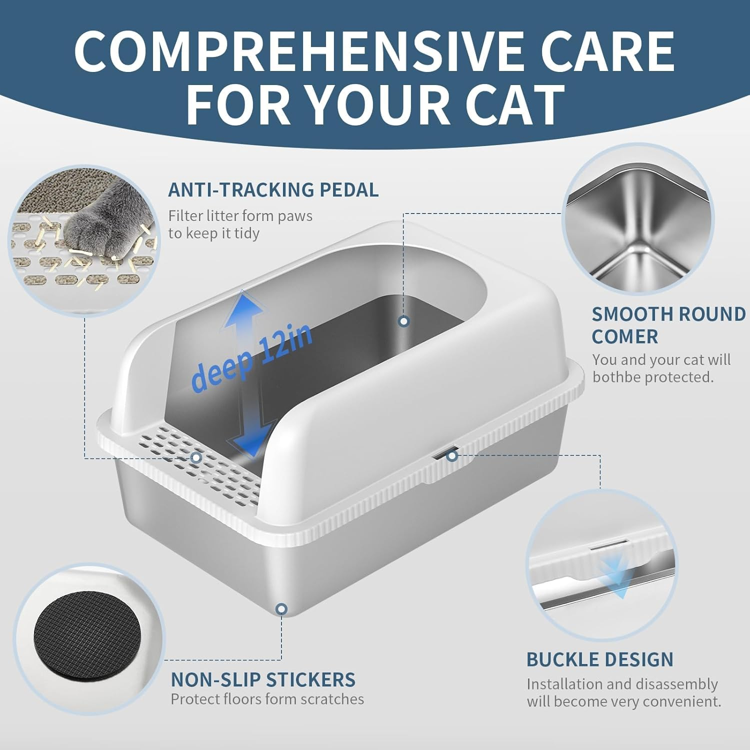 SIMTWO 2 Pack Stainless Steel Cat Litter Box with Lid XXL 61Cm X 41Cm X 30Cm, Extra Large Cat Litter Box for Big Kitty Semi-Enclosed with Cat Litter Mat & Scoop image number 4