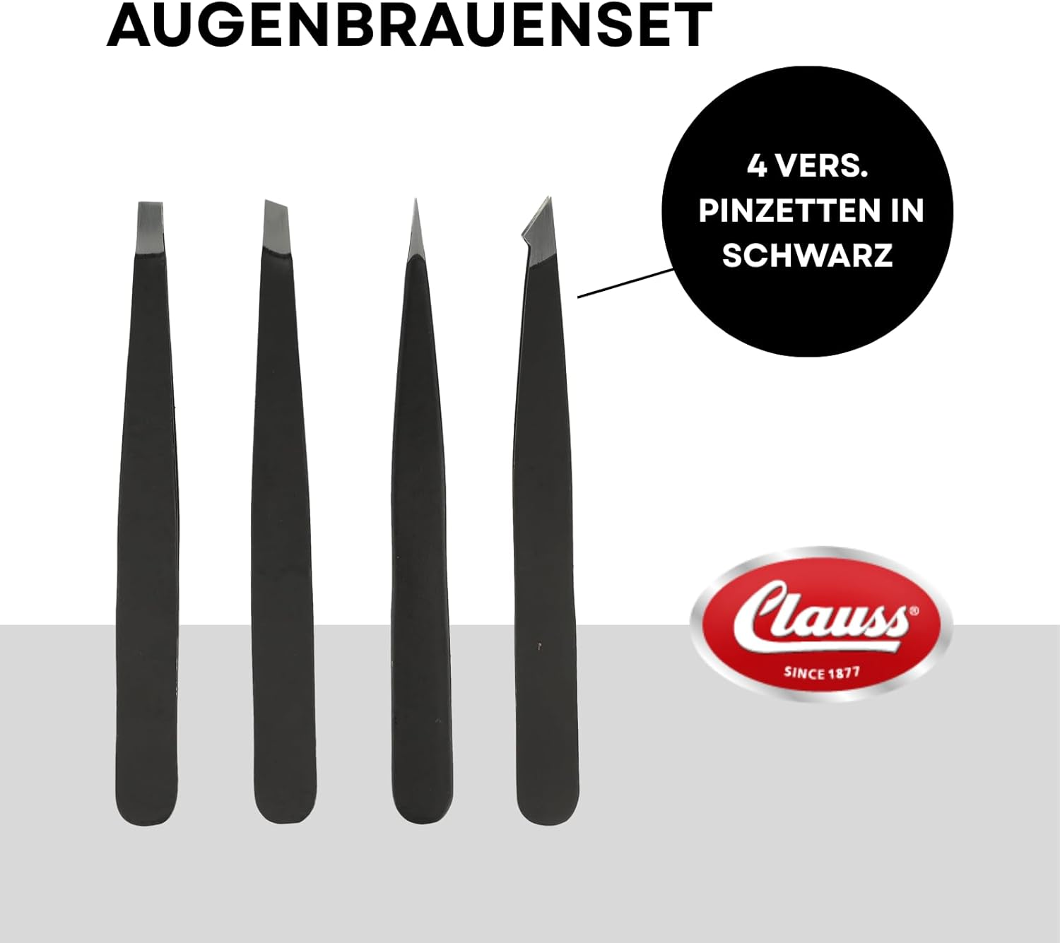 Clauss Eyebrow Set with 4 Tweezers | Four Piece Tweezer Set for Eyebrows and Eyelashes | Stainless Steel Black Finish | Includes Storage Case | BC-S10040 image number 1