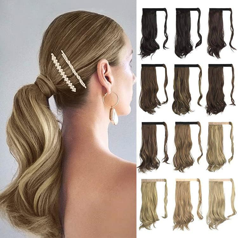 Sofeiyan Ponytail Hairpiece Curly Hair Extension Ponytail Extension Synthetic Natural Wavy Hairpiece Wrap around Pony Tail Hair Extensions 38 Cm Brown & Blonde