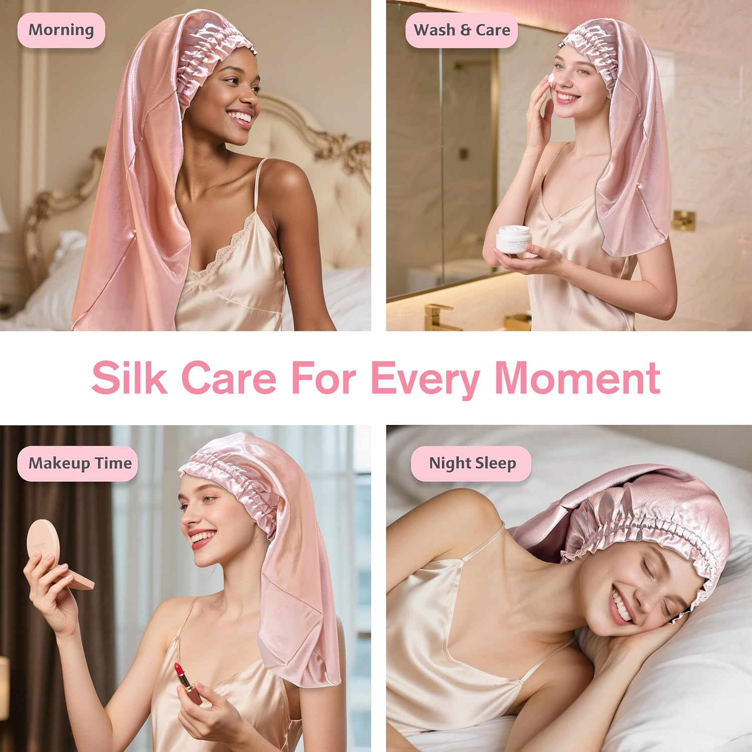 Townssilk Silk Bonnet for Sleeping, 100% 22 Momme Mulberry Silk for Women, Luxurious, Breathable, Sits Secure Overnight & Pressure Free, Ideal for Long & Curly Hair - Dustypink 58Cm image number 2