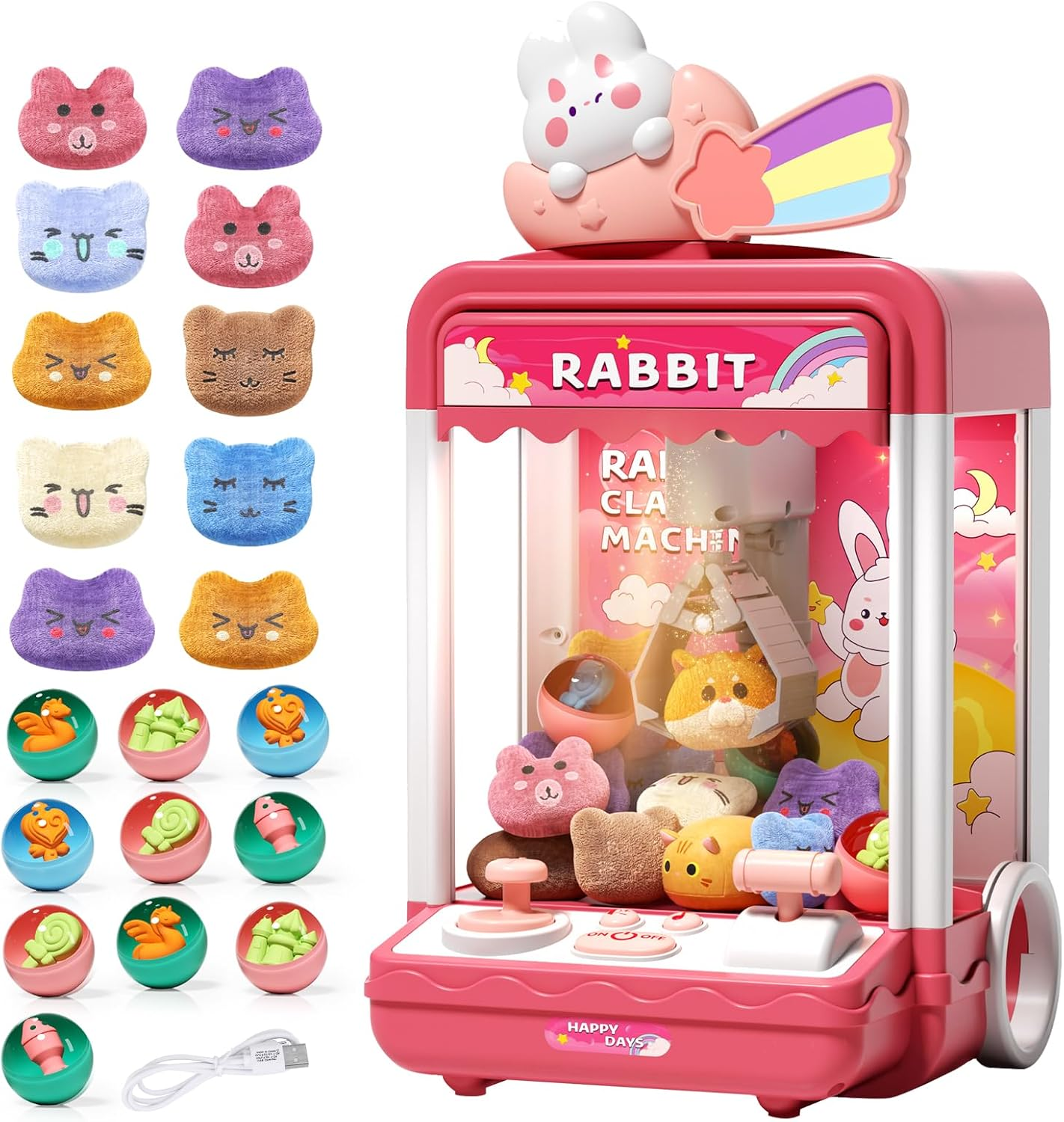 Kids Claw Machine, Mini Candy Vending Grabber, Prize Dispenser Toys for Girls and Boys, Electronic Claw Game Machine for Party Birthdays with Lights Sound, Includes 10 Plush and 10 Mini Toys image number 2