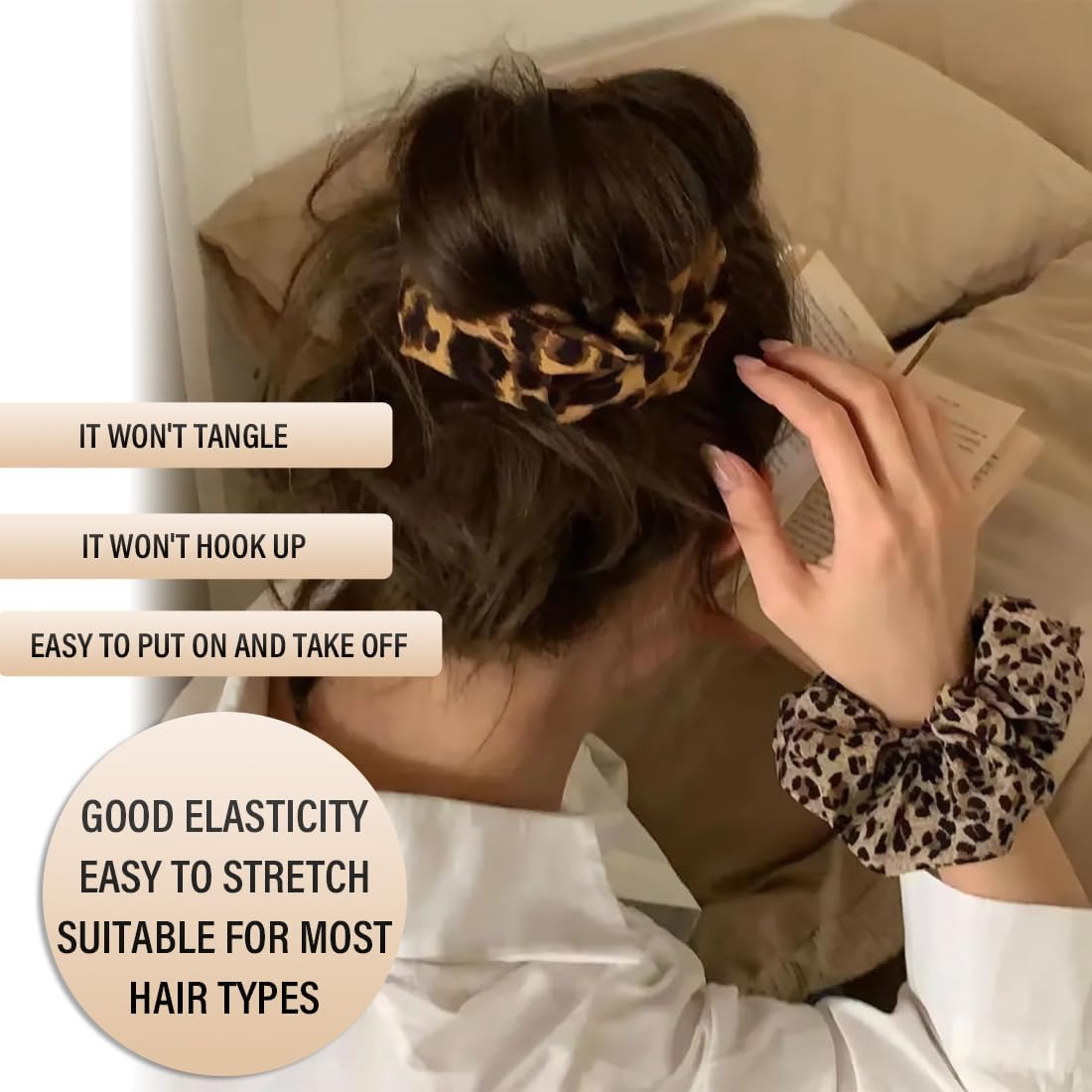 Pack of 2 Scrunchies, Hair Bands, Black and Leopard, Hair Bands for Girls and Women, Silk Scrunchie, Silk Hair Scrunchie image number 5