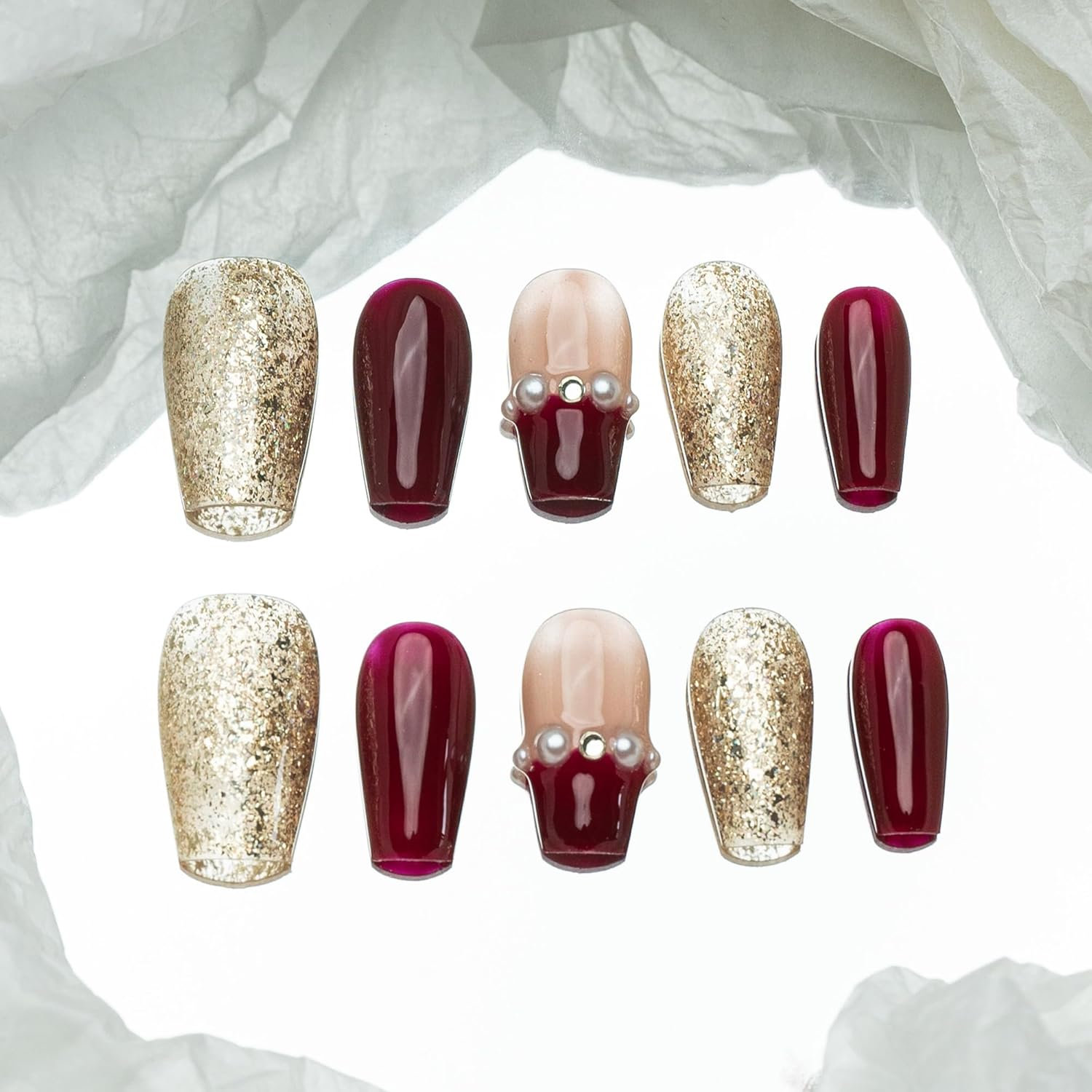 Sun&Beam Nails Handmade Press-On Medium Long Coffin Ballerina Red Green White New Year Pearl Sweet Design Fashion False Nail Tips 10 Pcs Set (#192 M) image number 5