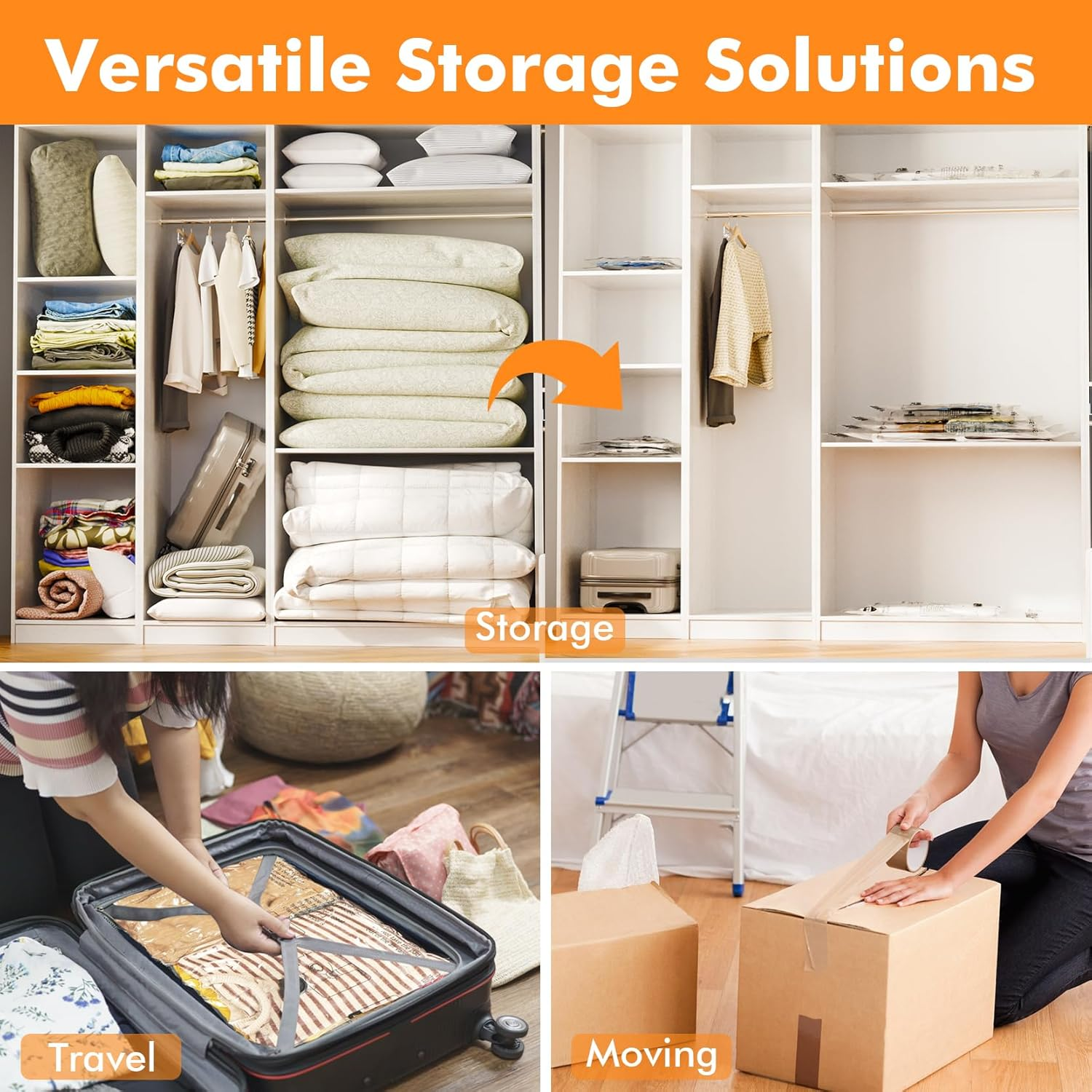 Vacuum Storage Bags (3 X Jumbo, 3 X Large, 3 X Medium, 3 X Small), Space Saver Sealer Compression Bags with Travel Hand Pump for Blankets, Comforters, Pillows, Clothes Storage image number 2