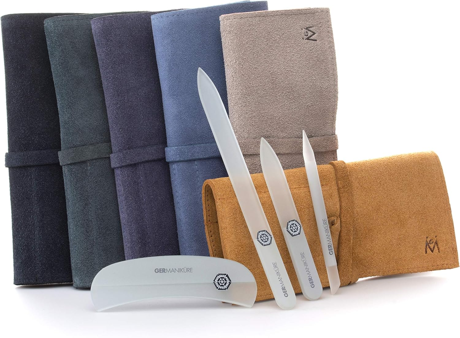 GERMANIKURE Gray Crystal Glass Nail File Set in Black Suede Case &ndash; Handmade in Czech Republic &ndash; Professional Manicure & Pedicure Supplies &ndash; Glass Cuticle Stick, Pusher, Moon File - Black Suede image number 4