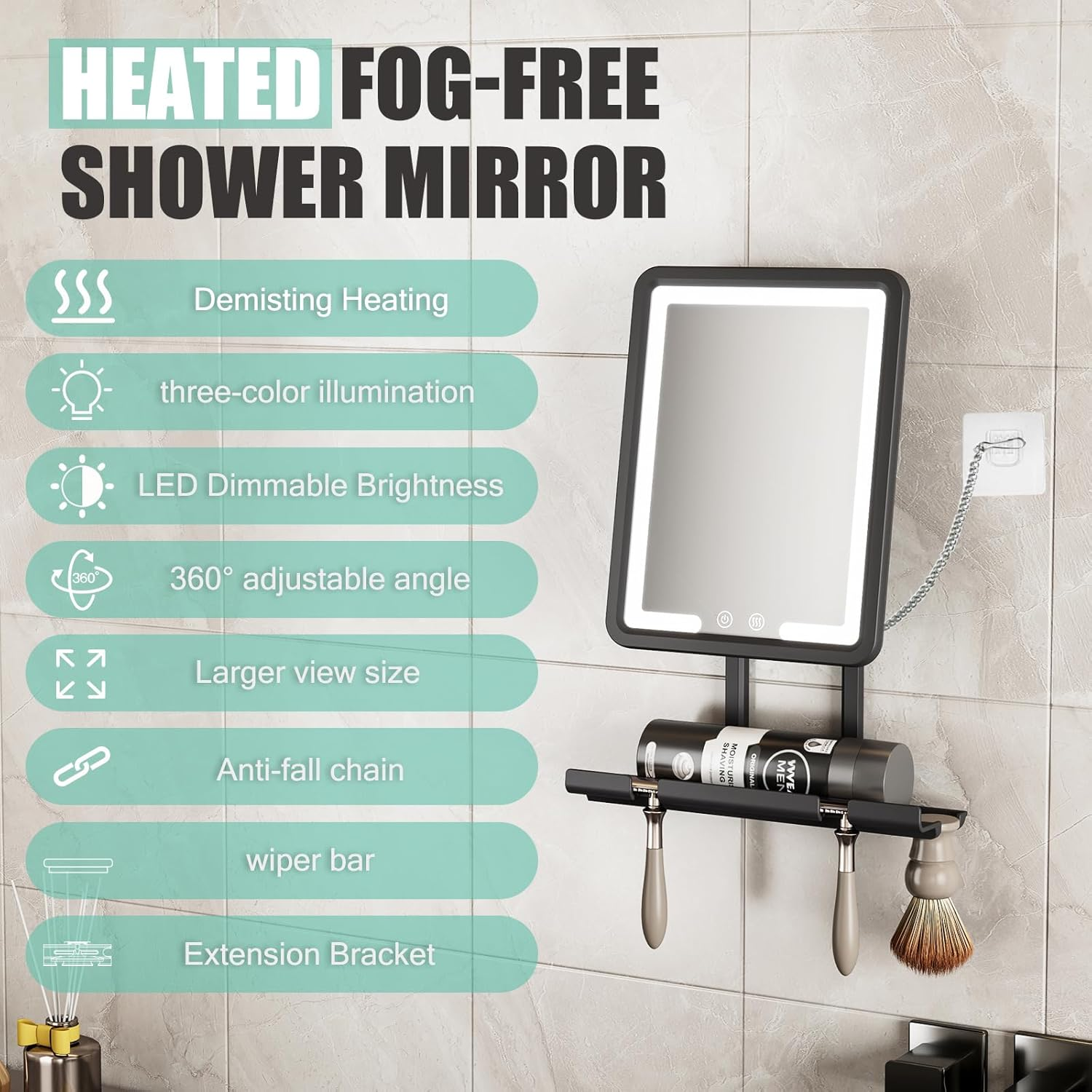 Bgick Lighted Anti-Fog Shower Mirror for Shaving - 3 Color Modes Dimming Fogless with Light, 360&deg;Rotation, Rechargeable Shower Mirror with Storage Tray & Razor Holders & Shaving Brush Holders (Grey) image number 4