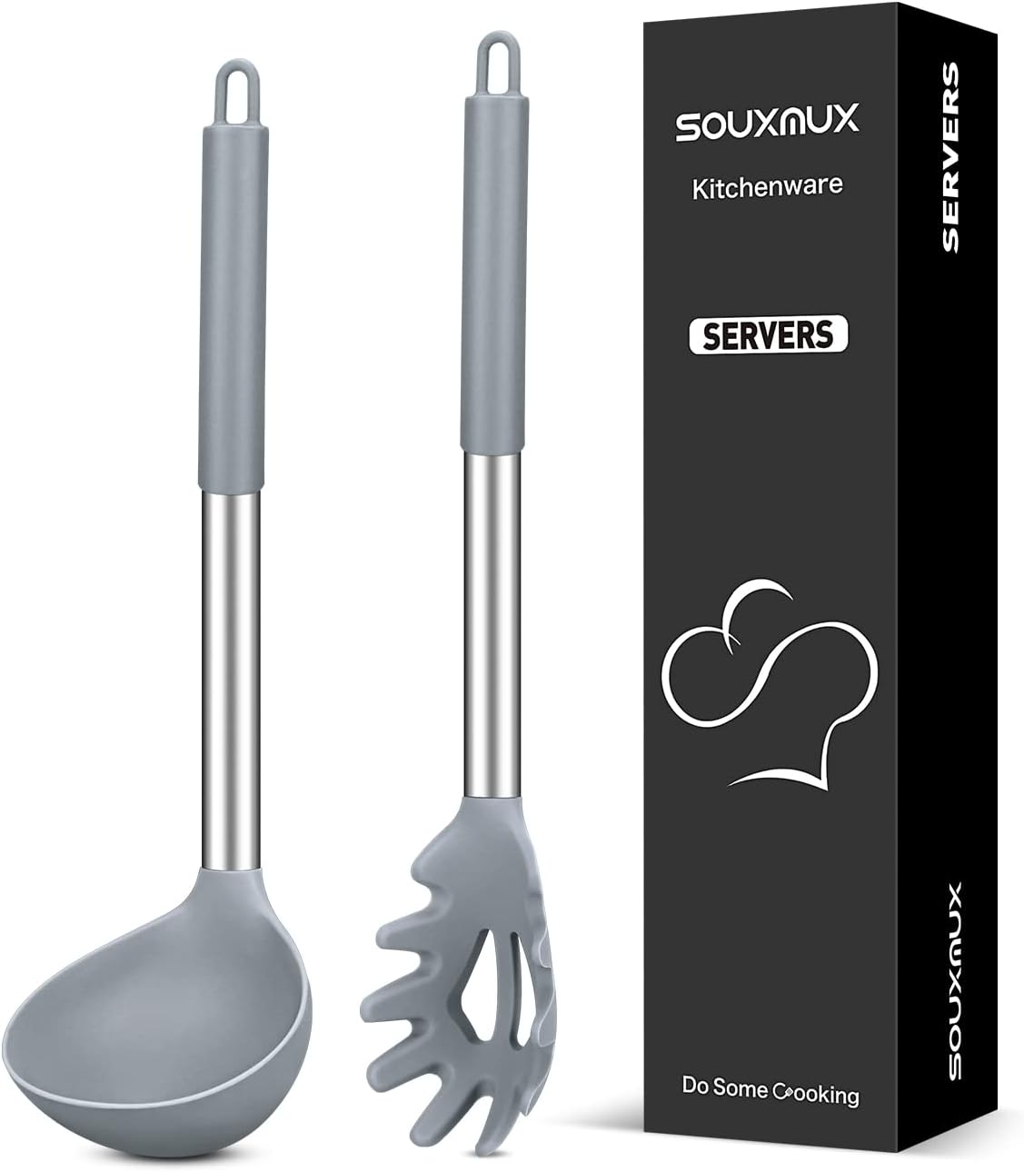 Silicone Pasta Fork and Soup Ladle Set, Non-Stick BPA Free Heat-Resistant Handy Kitchen Utensils for Cooking, Serving, Draining, Stirring (Black)