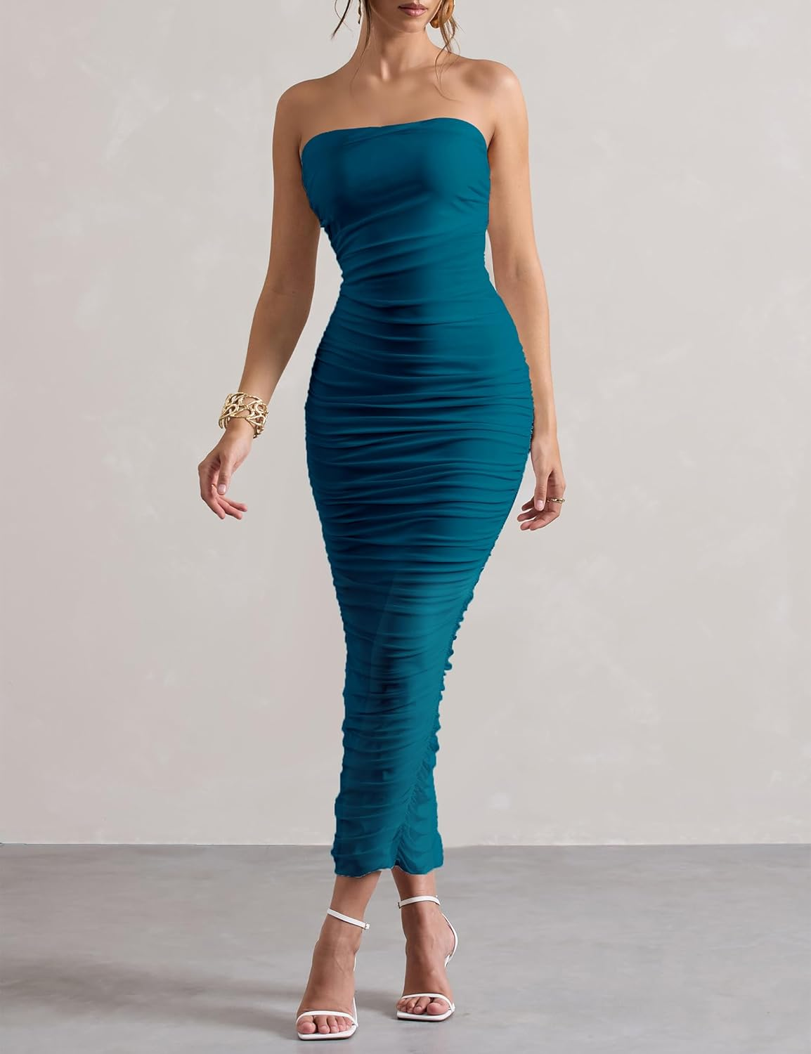 Dedysler Maternity Mesh Wedding Guest Dress for Baby Shower Sexy Bodycon Strapless Tube Pregnancy Clothes with Zipper image number 5