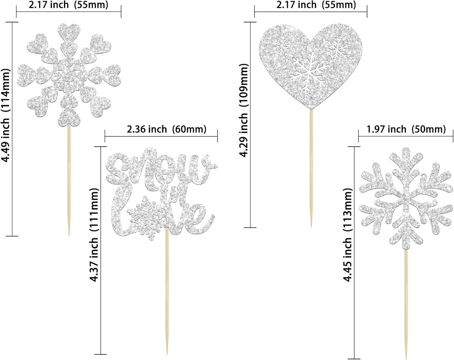 Gyufise 24Pcs Snowflake Cupcake Topper Silver Glitter Winter Heart Snow in Love Cake Toppers for Winter Wonderland Wedding Anniversary Decorations Bridal Shower Party Supplies image number 6