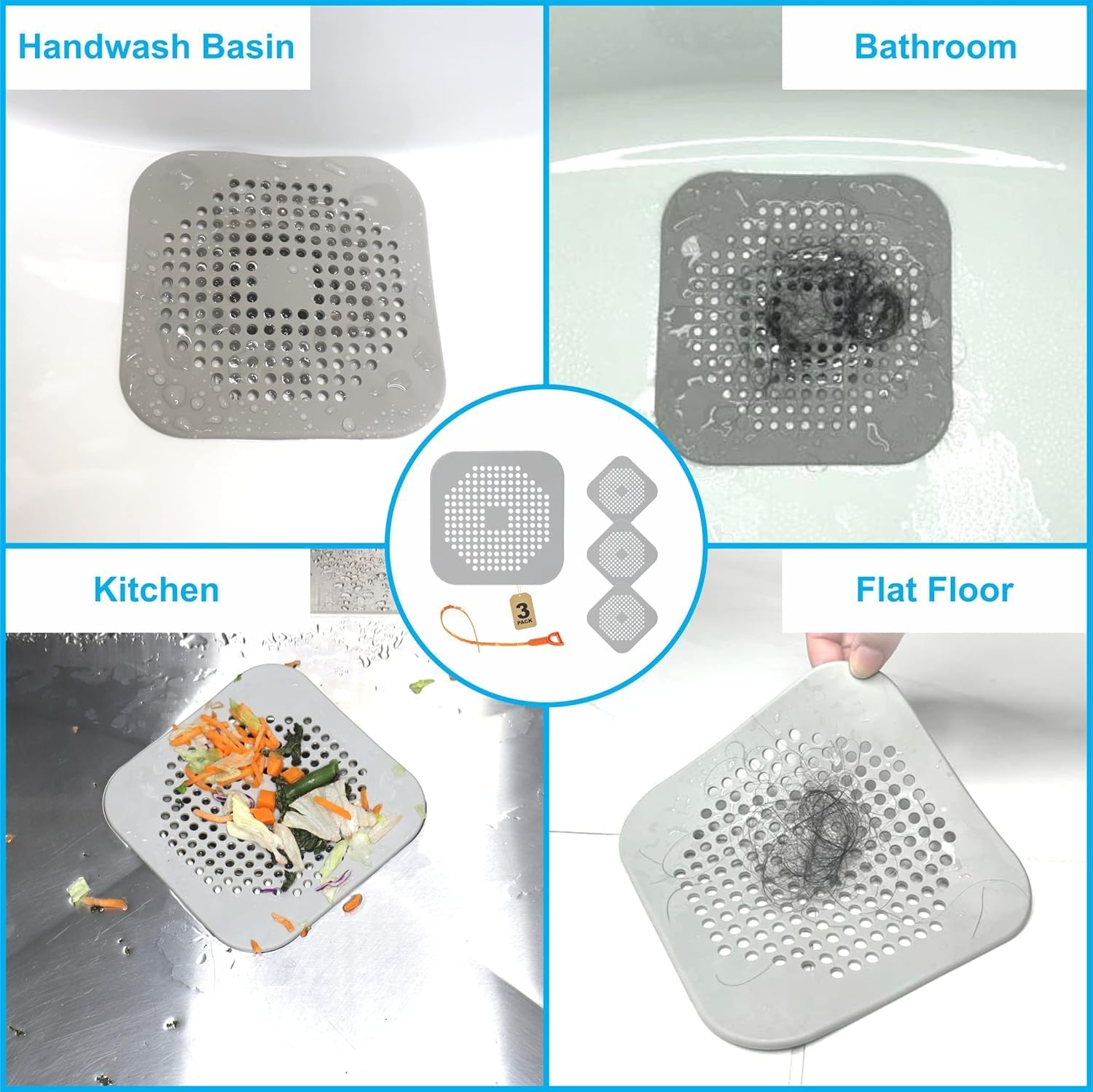 3 Pack Shower Hair Drain Catcher Is Hair Stopper for Shower Drain with 4 Suction Cups Easy to Install Hair Catcher Shower Drain Suit for Bathroom Bathtub Kitchen (Grey, 5.7") image number 4