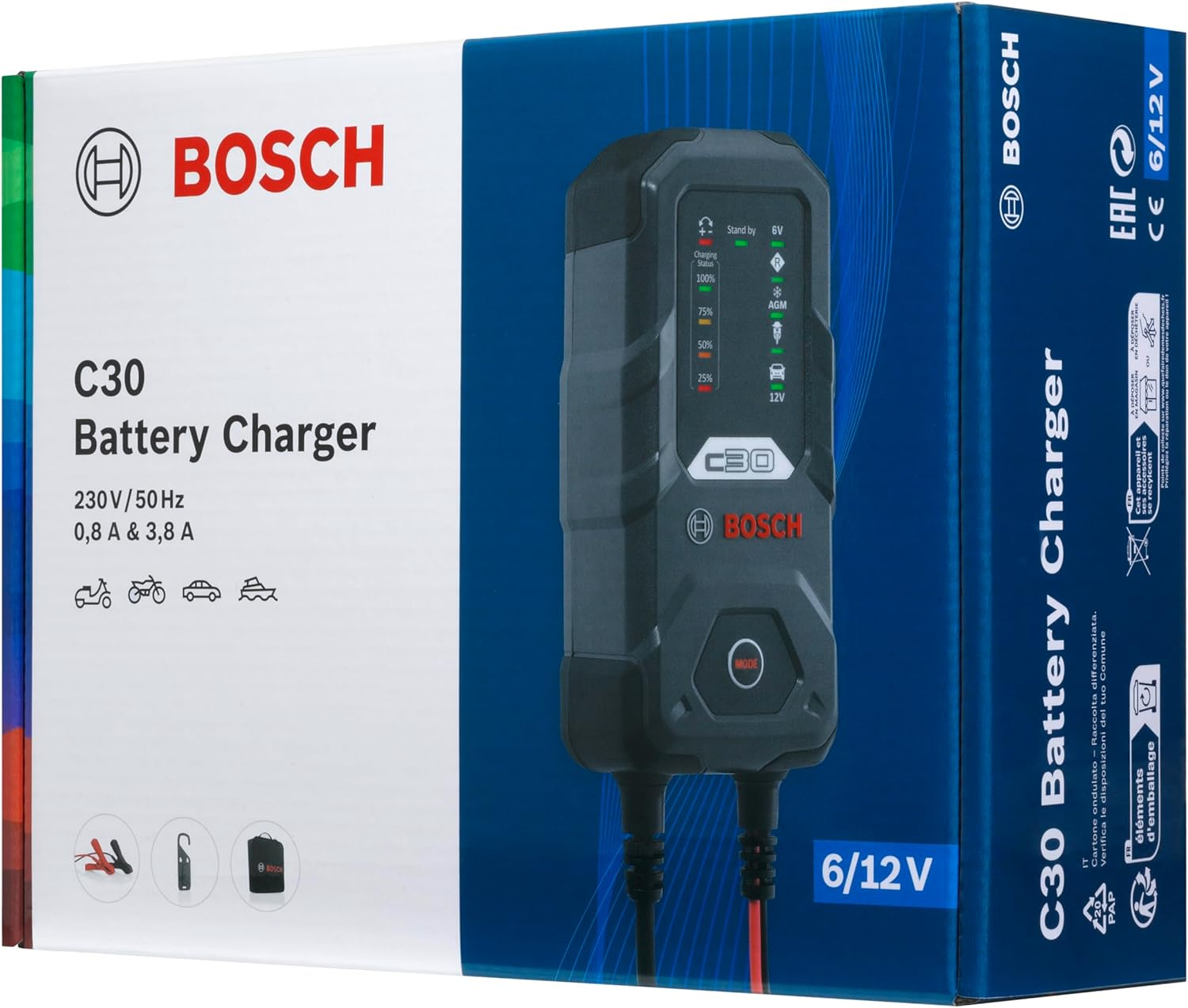 Bosch C30 Battery Charger, 3.8 Amps with Trickle Charging - for 6V/12V Lead-Acid, EFB, Gel, AGM and SLI Batteries, Comes with AU Style Plug image number 2