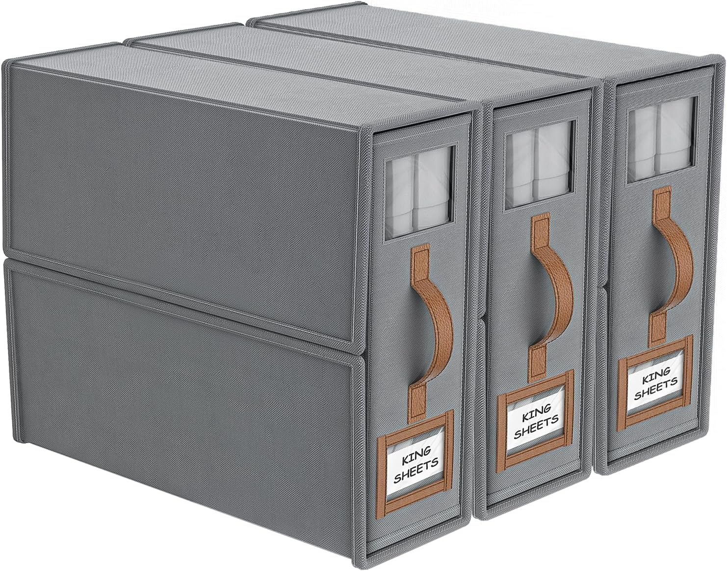 Bigponpon 4 Pack Bed Sheet Organizers and Storage,Foldable Sheet Organizer for Linen Closet(Super King Size),Linen Bedding Storage Box with Leather Handle for Bedsheets,Flannel Blankets,Thin Quilts