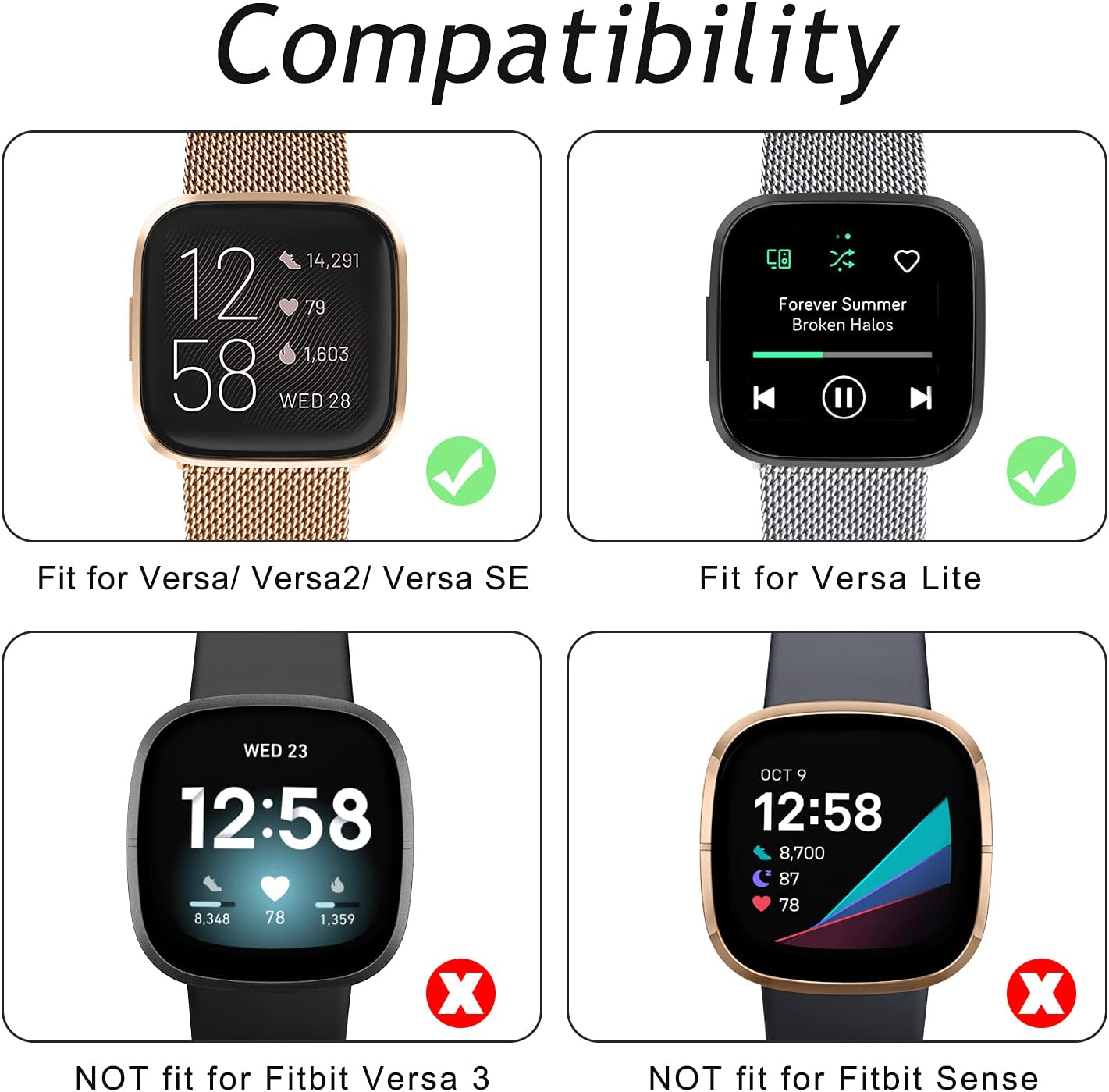 Metal Bands Compatible with Fitbit Versa 2 & Fitbit Versa & Fitbit Versa Lite Edition Band, Stainless Steel Loop Metal Mesh Replacement Sport Strap Bracelet Wristbands for Women Men image number 3