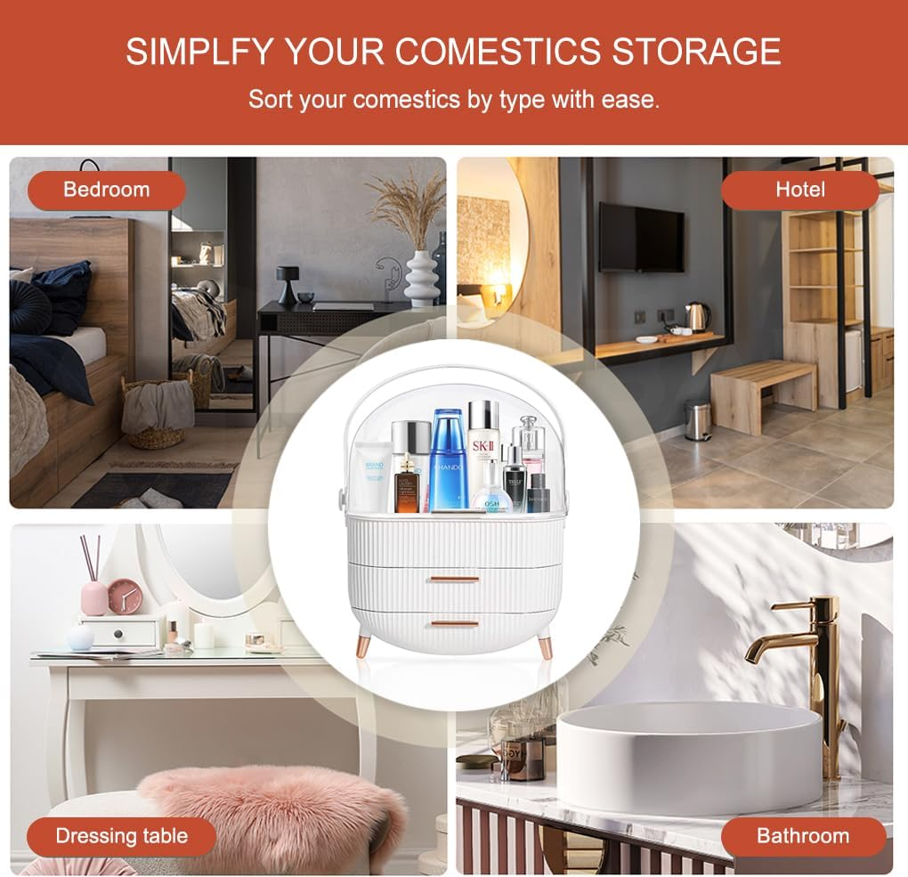 Kiiss Makeup Storage Organizer,Cosmetics Display Case with 2-Layer Storage Box and Transparent Cover, Portable Cosmetics Storage Box, Bedroom Vanity Desk (White)