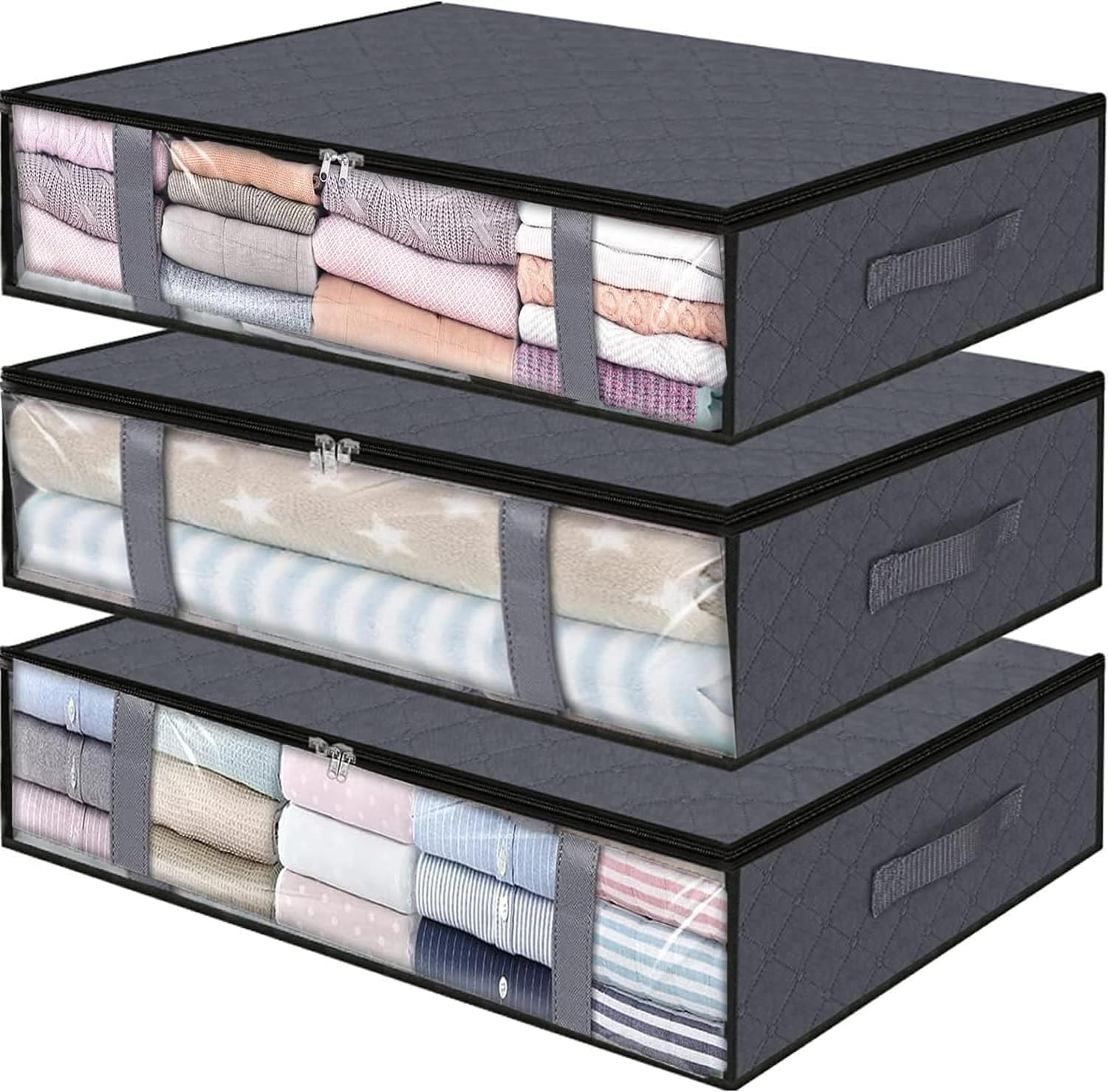 3-Pack 40L Underbed Storage Bags,H HOME-MART under Bed Shoe Storage Containers Clothes Organizers with Reinforced Handles,See-Through Window Sheet Organiser for Clothing, Blankets (3-Pack) image number 1