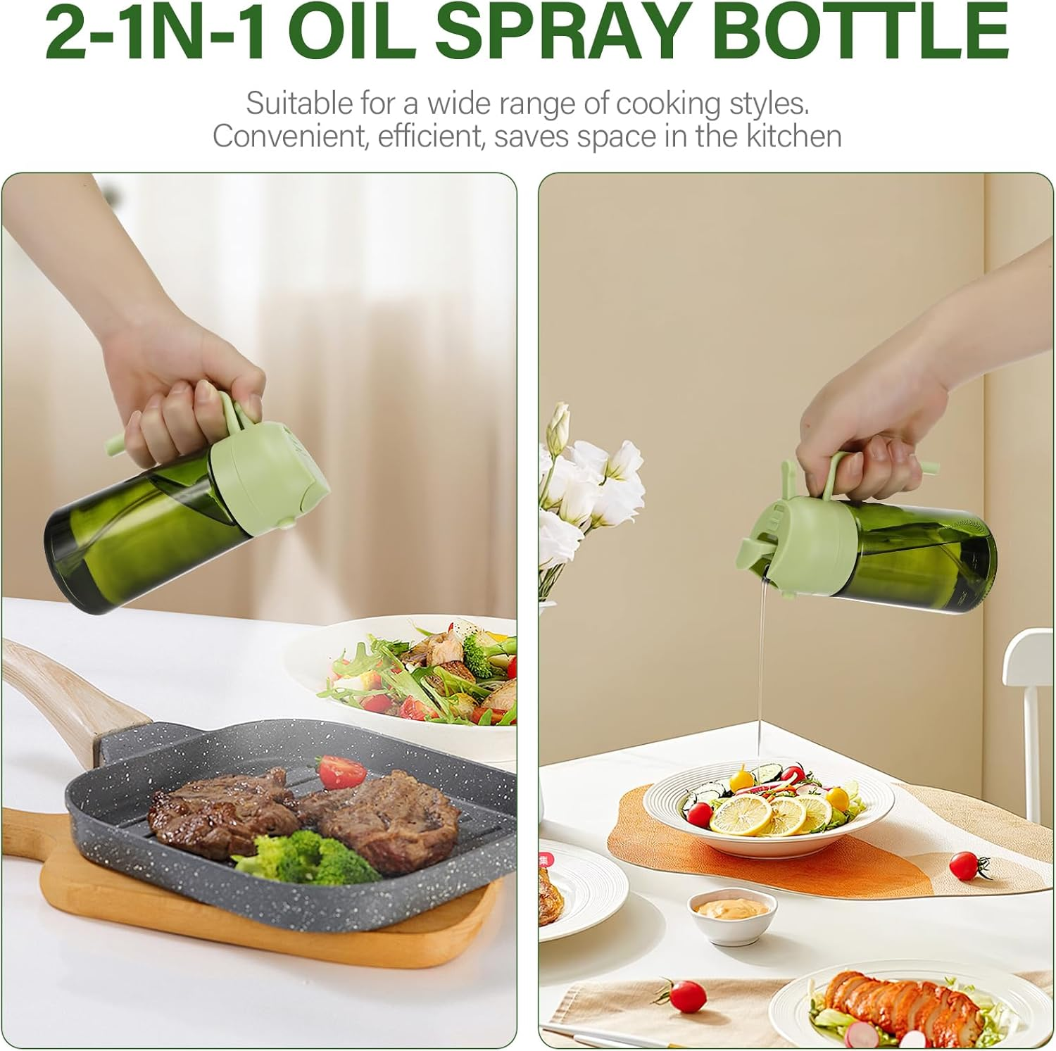 Tapvai Oil Sprayer 2 in 1 for Edible Oil 470Ml Light Blocking Dark Sprayer UV Protection for Kitchen Green Glass Bottles for Cooking image number 3