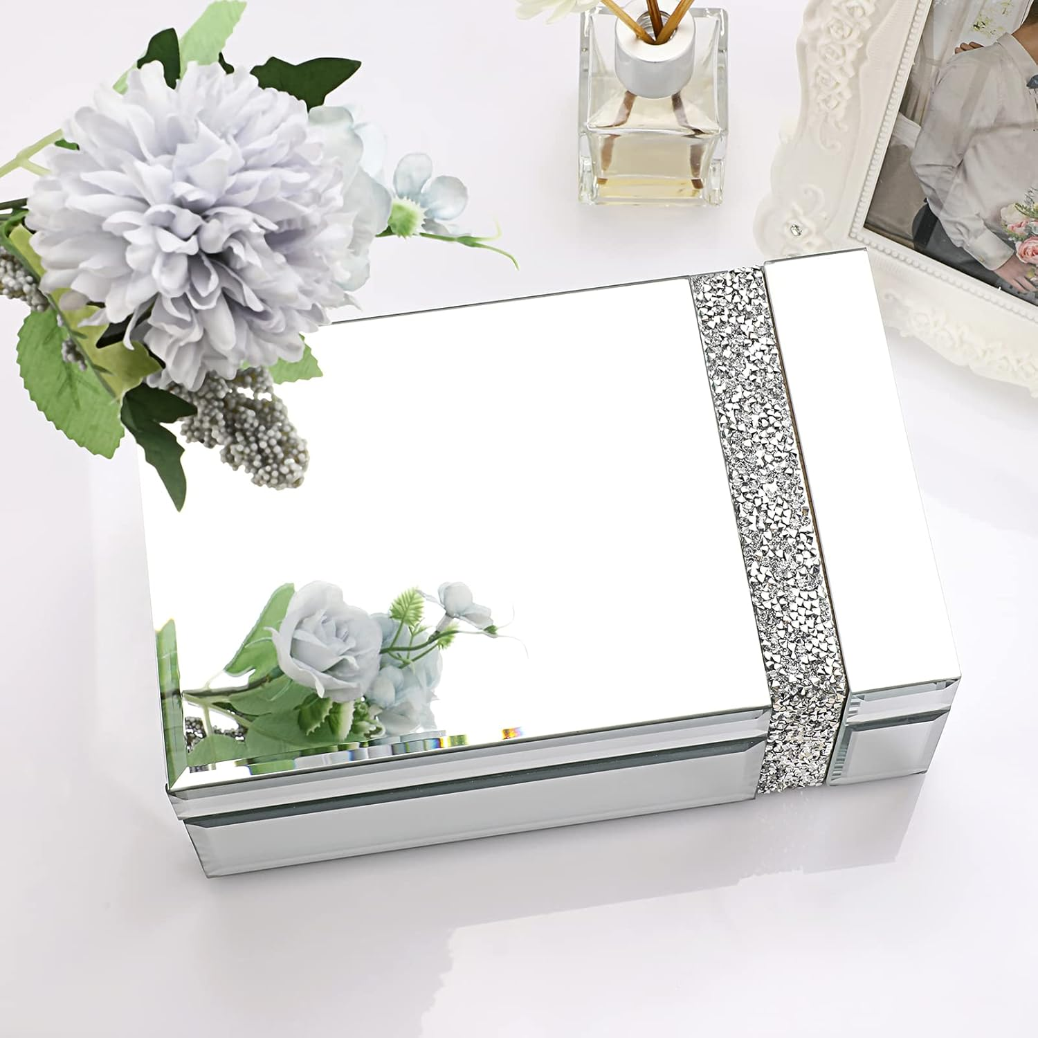 ELLDOO Glass Mirrored Jewelry Box with Crushed Diamonds Strip Decor, Luxury Trinket Box Organizer Decorative Box Treasure Chest Keepsake Box for Women Girls Gift image number 4