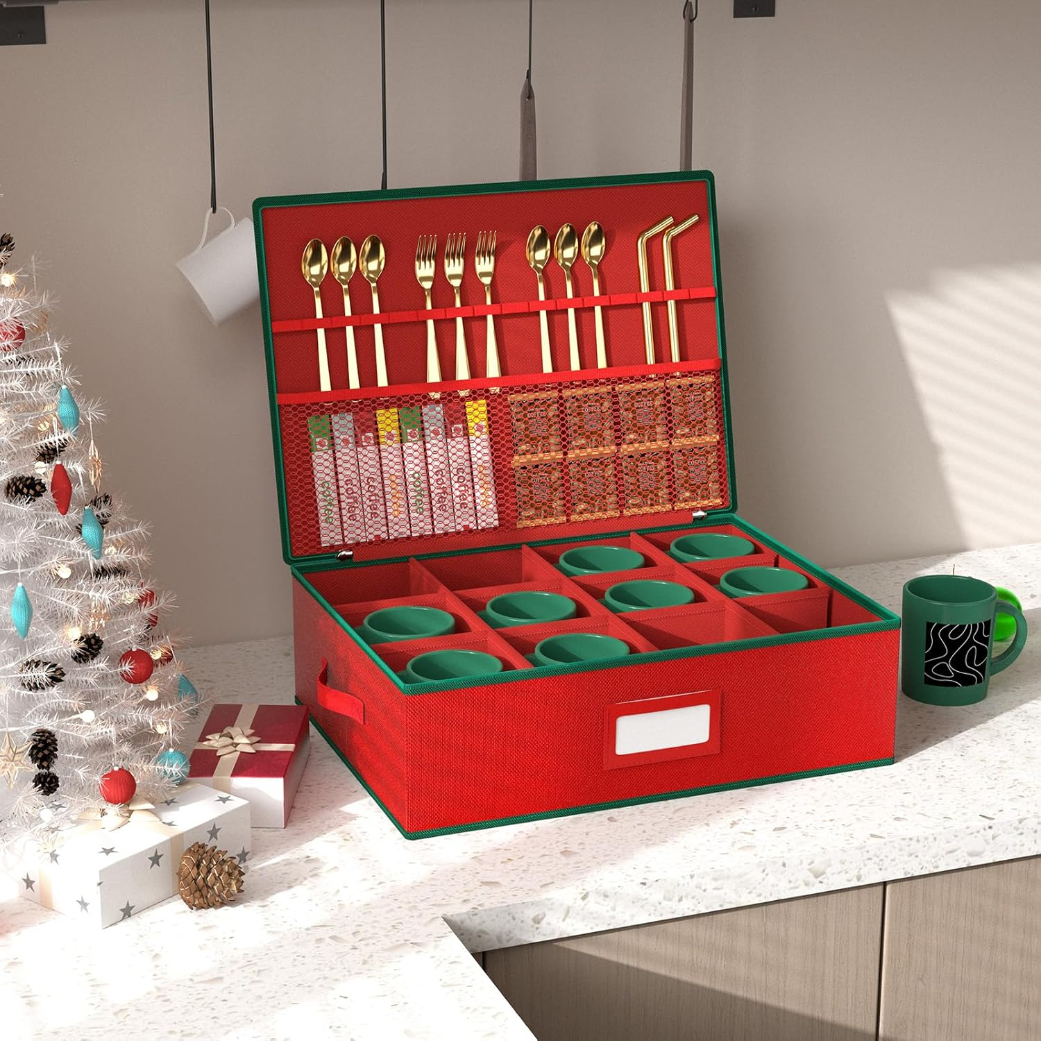 VERONLY Christmas Mug Storage Box Organiser - Stackable Hard Case Box with Dividers, Mesh Bag, Lid, Handles, for 12 Cups in Cupboard, Christmas Decoration (Red) image number 2