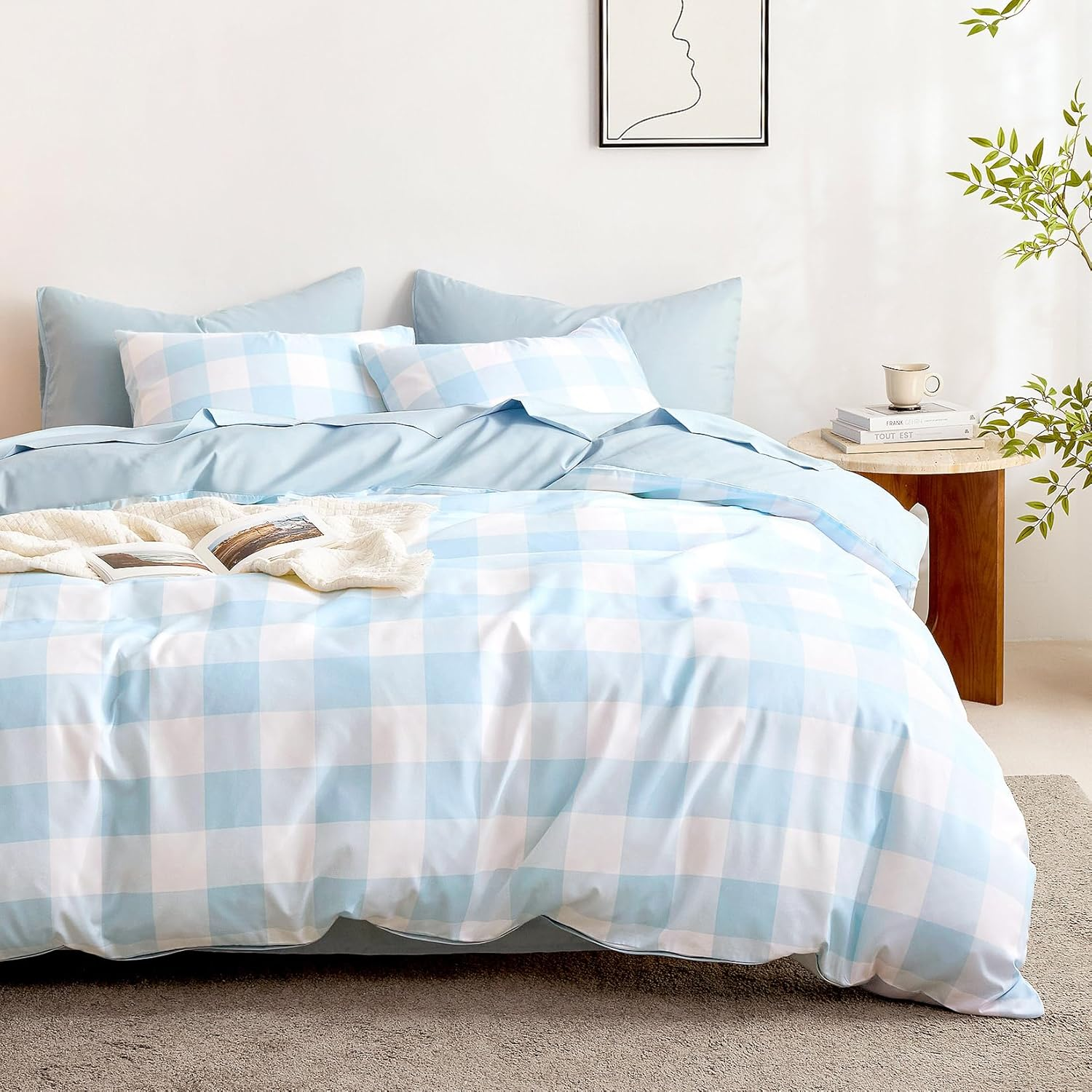 Wake in Cloud - Gingham Quilt Cover Set, Plaid Buffalo Checked Pattern Printed, 1000TC Ultra Soft Microfiber Doona Duvet Cover Bedding, 3 Pieces, Light Grey White, Queen Size