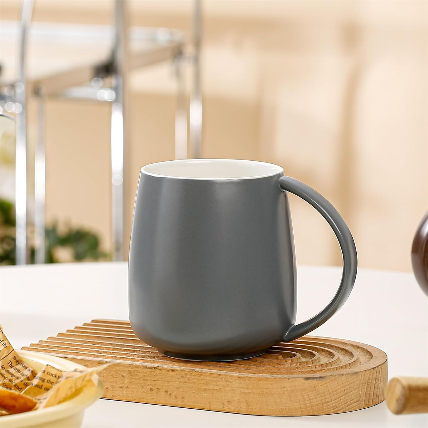 Classic Large Capacity Ceramic Belly Coffee Mugs 400Ml 14Oz Nordic Matte Finished Water Breakfast Toothbrush Egg Shaped Cup with Handle for Home Office Men Women (Gray) - Black image number 4