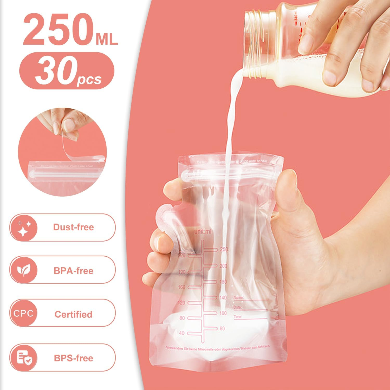 Breast Milk Sstorage Bag 30PCS, Breastmilk Storage Bags, Breastfeeding Disposable Milk Storage Bag, Disposable Milk Storage Bag with 8.8 Ounce Spout Type, No-Leak Milk Freezer Storage Pouche image number 2