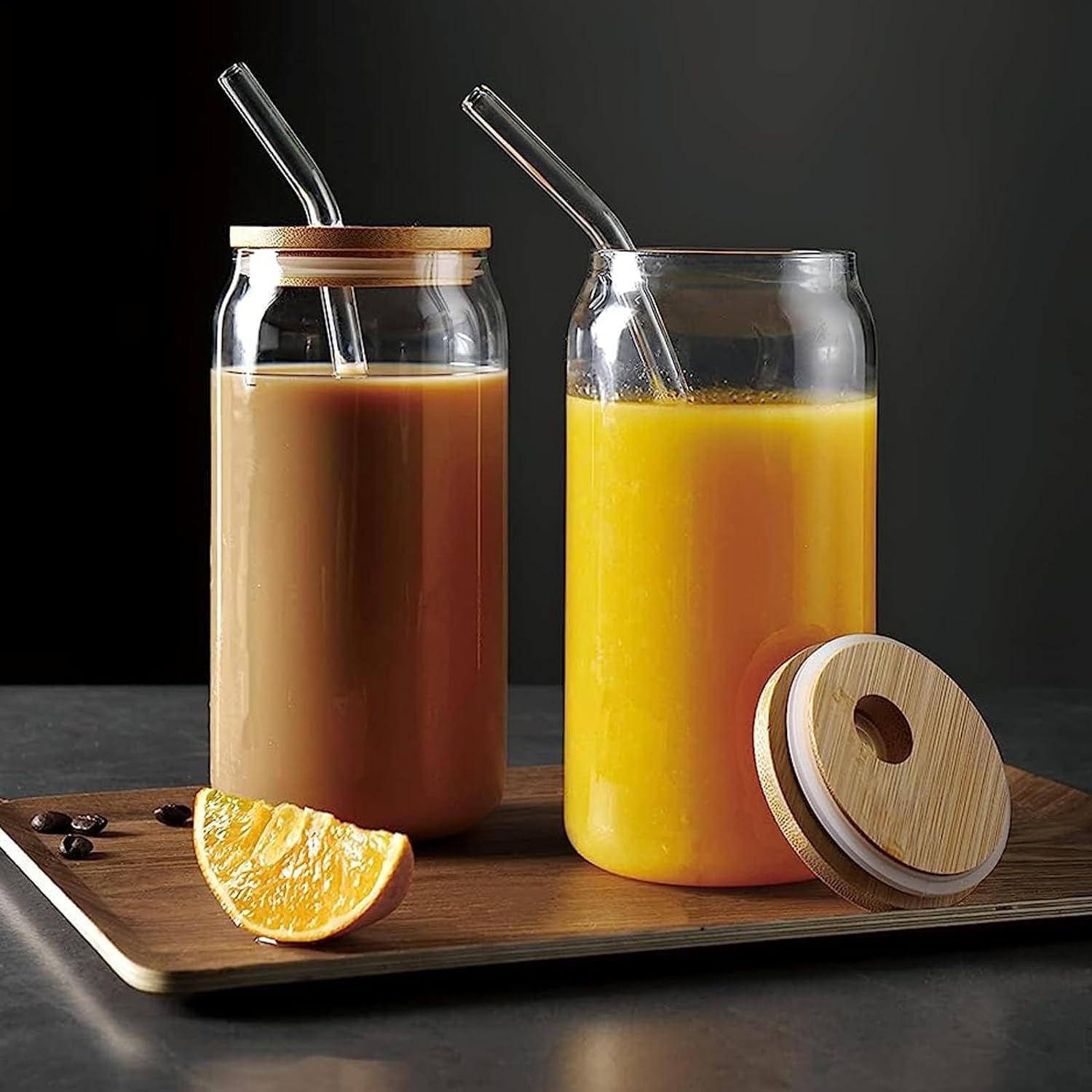 D.M DESIGN&middot;MASTER [Pack of 4, 590 Ml] Premium Drinking Glasses with Bamboo Lid and Glass Straws, Long Drink Glasses, Can-Shaped Glass Cups, Perfect for Beer, Cocktails, Iced Coffee, Iced Tea and Soda.