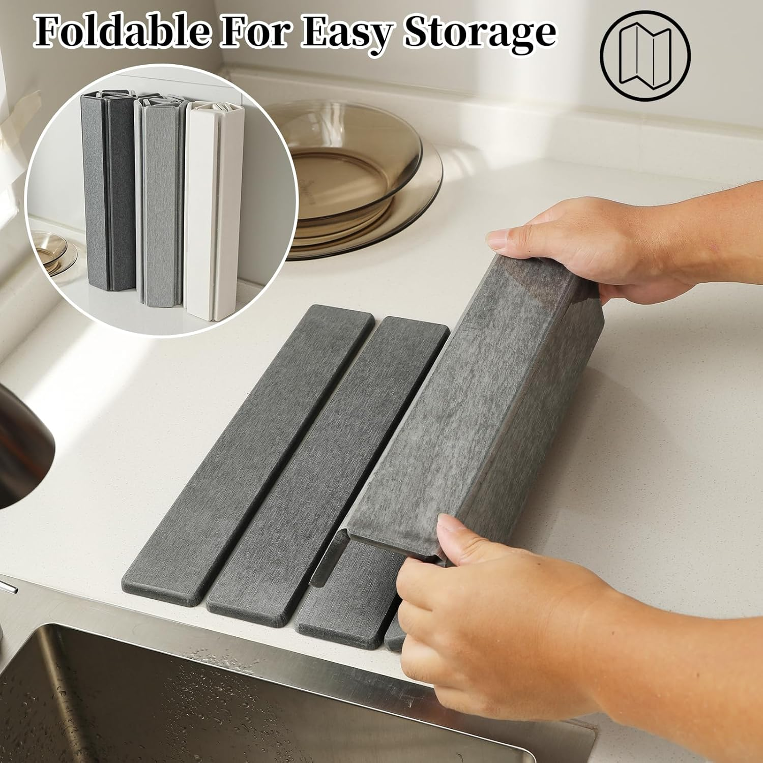 Stone Dish Drying Mats for Kitchen Counter & Sink, Large Quick Dry Collapsible Absorbent Diatomaceous Earth Dish Drying Mat for Dishes Bottles Cups Any Countertop (White-Oval, 60X39Cm) image number 5