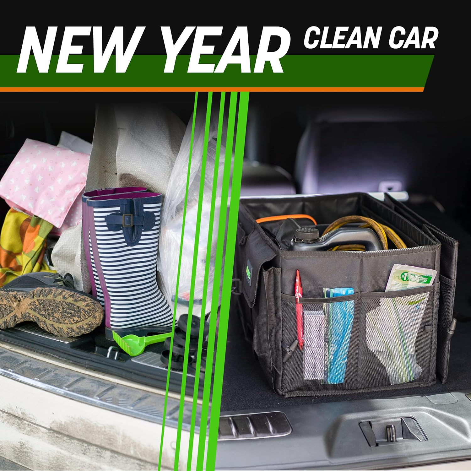 Drive Auto Car Trunk Organizer - Collapsible, Multi-Compartment Automotive SUV Car Organizer for Storage W/Adjustable Straps - Truck & Car Accessories for Women and Men - Grey - Black image number 5