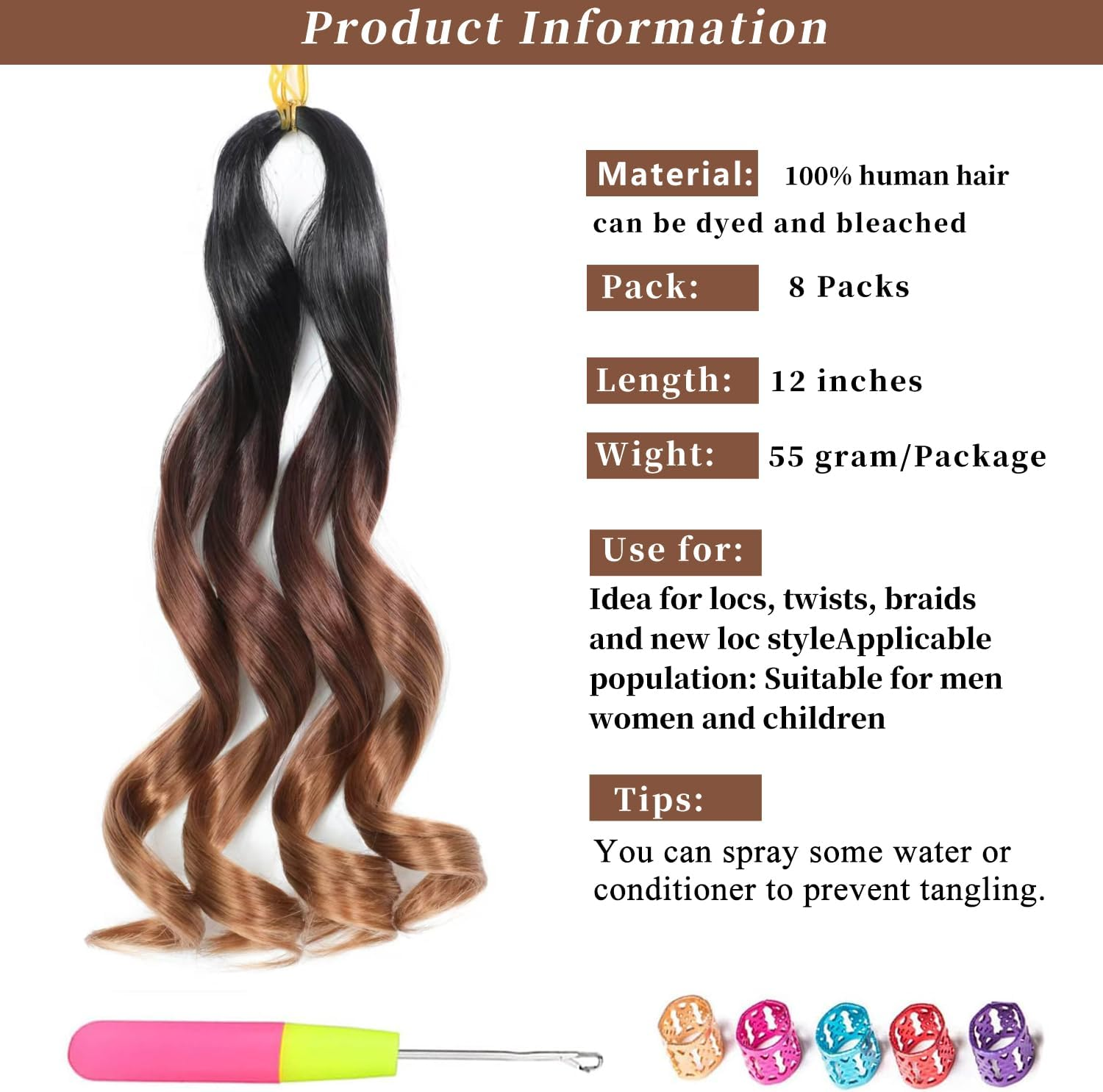 FALEMEI French Curl Braiding Hair 12 Inch 8 Packs Curly Braiding Pre Stretched Curls Braiding Extension French Curl Crochet Braids Spiral Braiding Hair Extensions (1B/33/30#, 12 Inch (Pack of 8)) image number 3