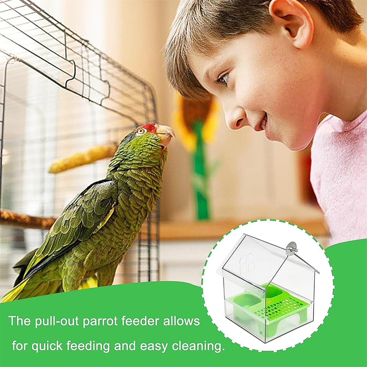 TSWCBYYLB Dual Compartment Pull-Out External Parrot Bird Feeder with Cage Mount & Wash Area image number 4