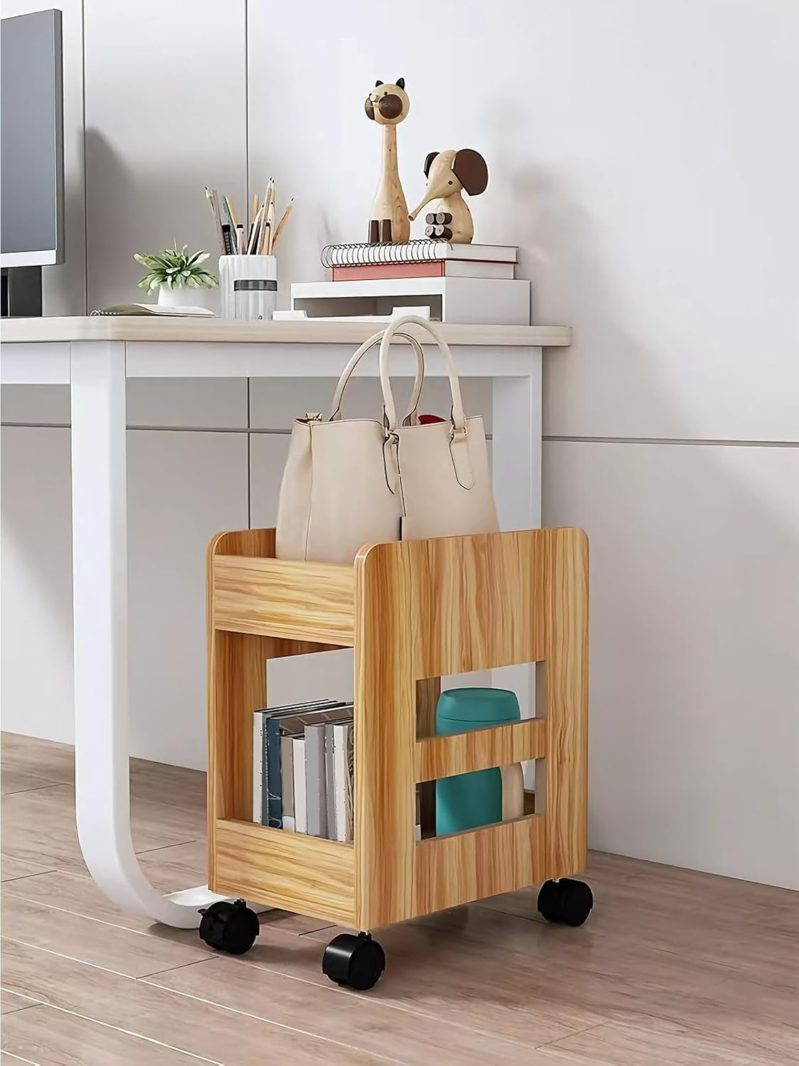 Rolling Storage Cart on Wheels, 2-Tier Wooden Book Cart Rolling Organizer, Utility Organizer, Multi-Functional Movable Trolley Bookshelf image number 5