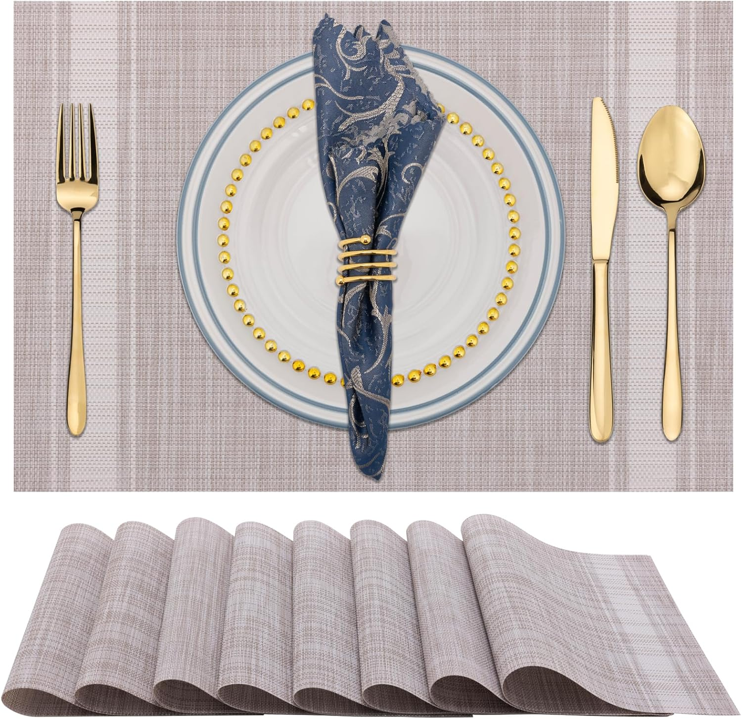 Placemats Set of 6, Heat & Stain Resistant Non-Slip Elegant Woven Vinyl Table Mats, Washable Table Mats for Dining Room Kitchen (Beige White)