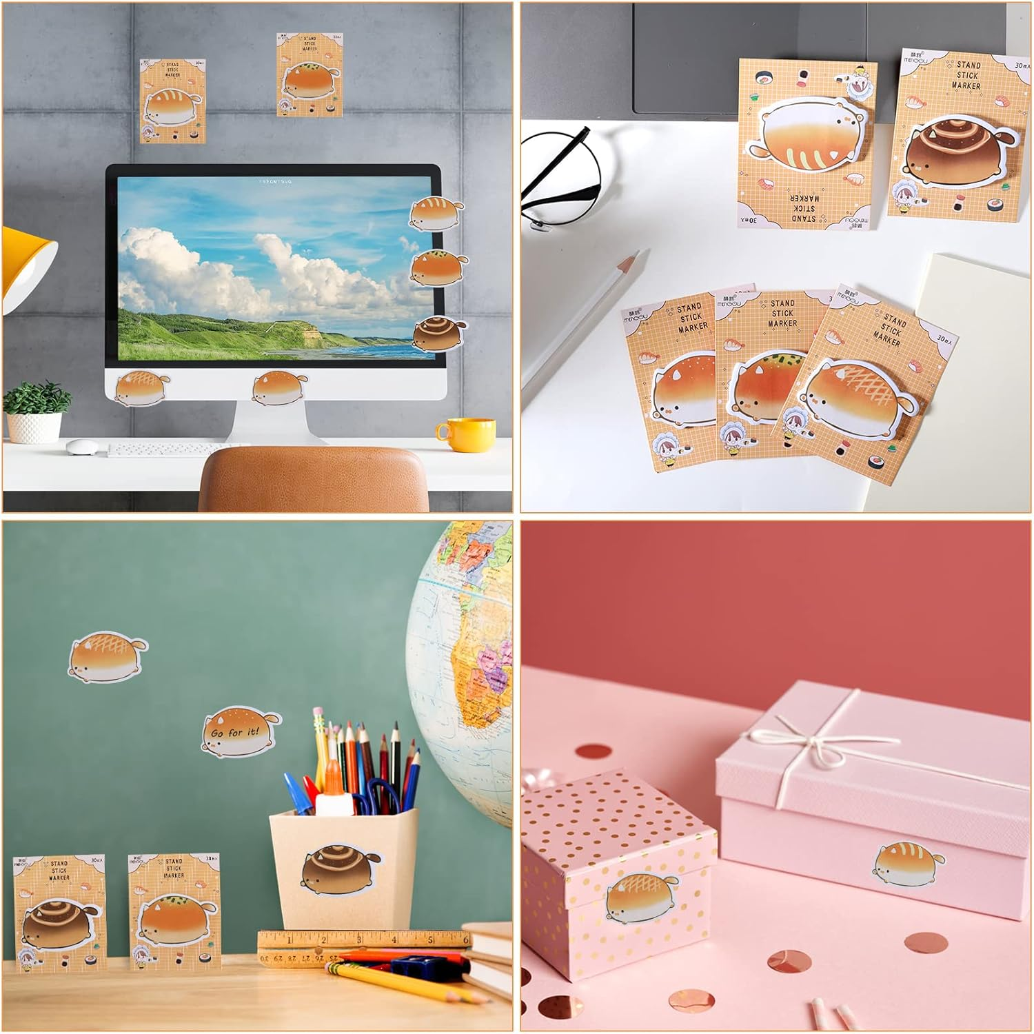 TIESOME Cute Sticky Notes, 5 Pack Cartoon Sticky Notes Cat Bread Shape Markers Flags Self-Stick Memo Pads Students Home Office Roommates Gifts Tab Supplies 150 Sheets image number 3