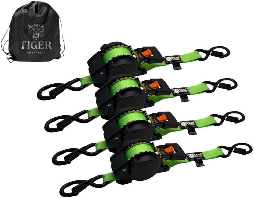 Tiger Australia Auto Slow-Retracting Design Ratchet Straps 4 Pack &ndash; 25Mm X 4.5M Tie down Straps, Upgraded to Stainless Steel Spring, S-Hooks & Storage Bag, for Trailers, Utes, Boats & Moving