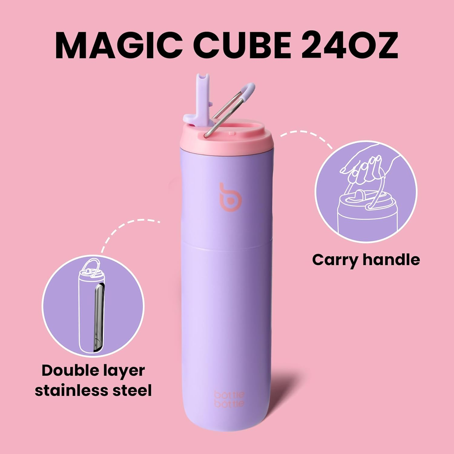 BOTTLE BOTTLE Insulated Water Bottle 24Oz with Straw Lid and Handle for Sports Travel Gym Stainless Steel Water Bottles Double-Wall Vacuum Metal Thermos Bottles Leak Proof Bpa-Free (Lilac) - Peak Grey image number 2